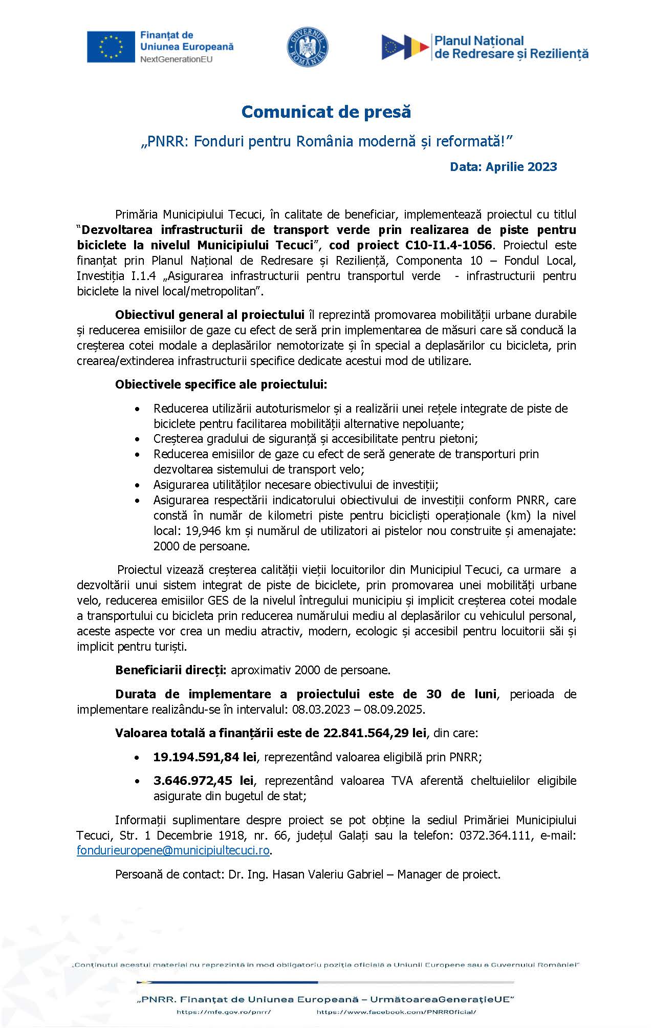 Comunicat de presă „PNRR: Fonduri pentru România modernă și reformată!” Data: Aprilie 2023