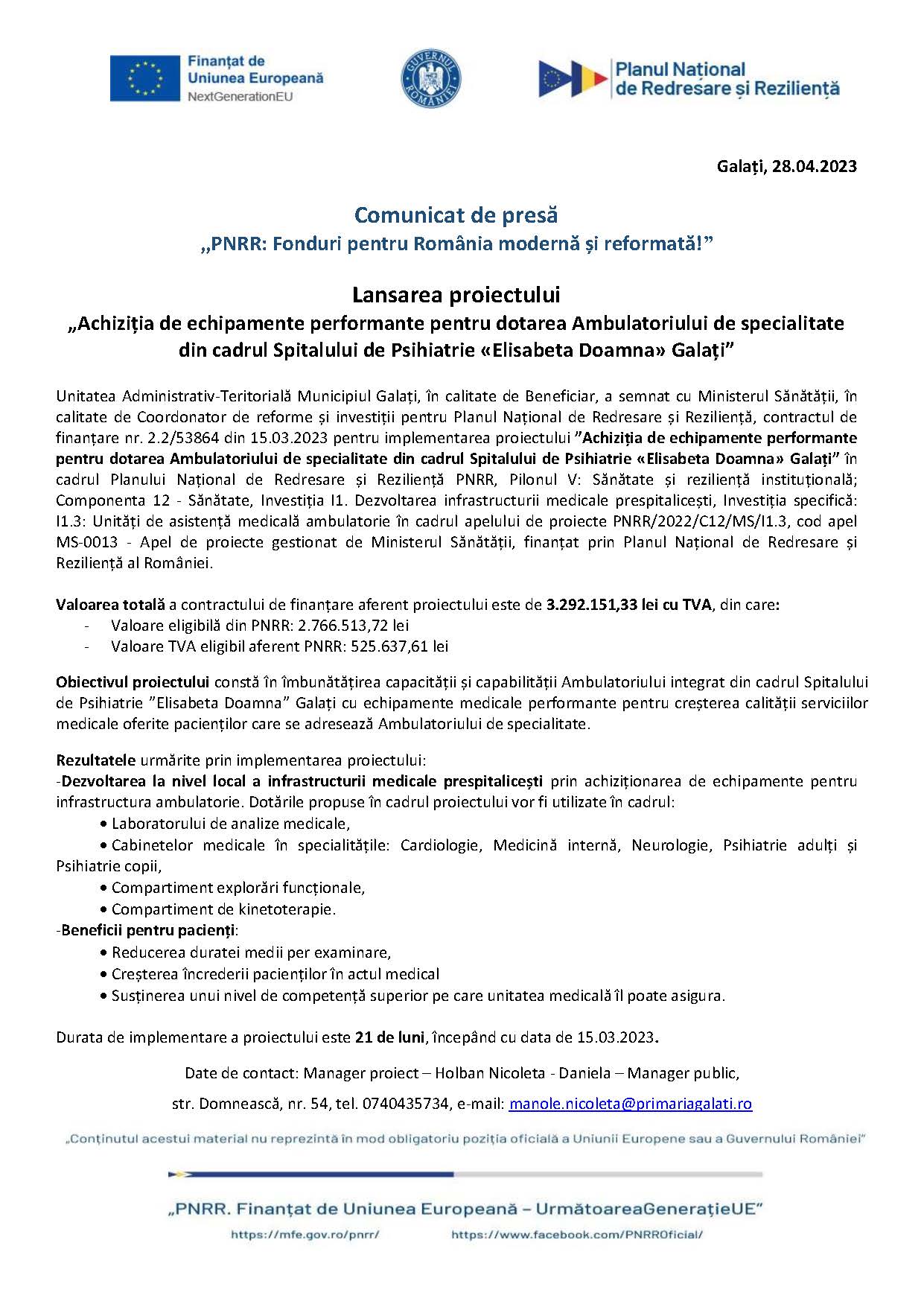 Lansarea proiectului „Achiziția de echipamente performante pentru dotarea Ambulatoriului de specialitate din cadrul Spitalului de Psihiatrie «Elisabeta Doamna» Galați”