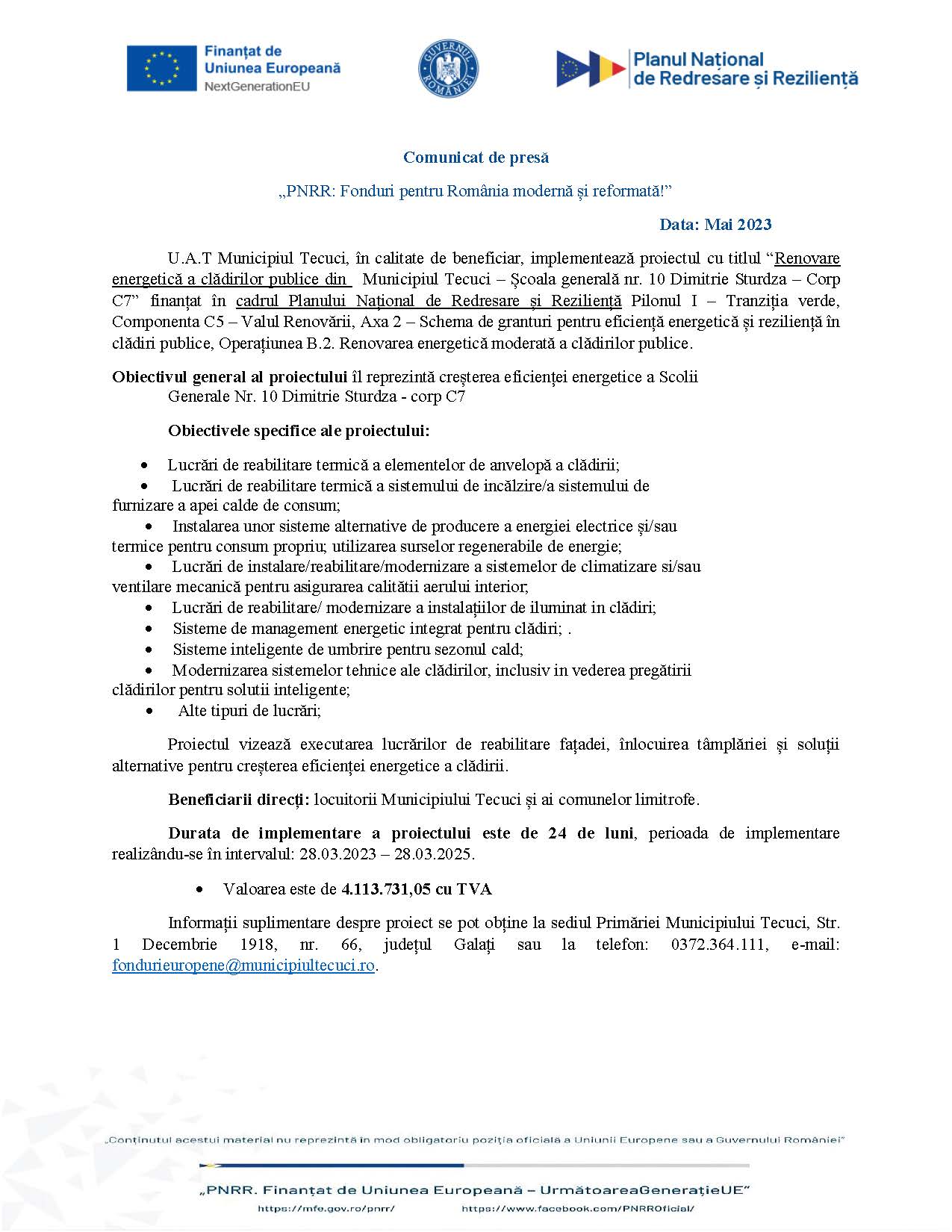 Comunicat de presă „PNRR: Fonduri pentru România modernă și reformată!” Data: Mai 2023