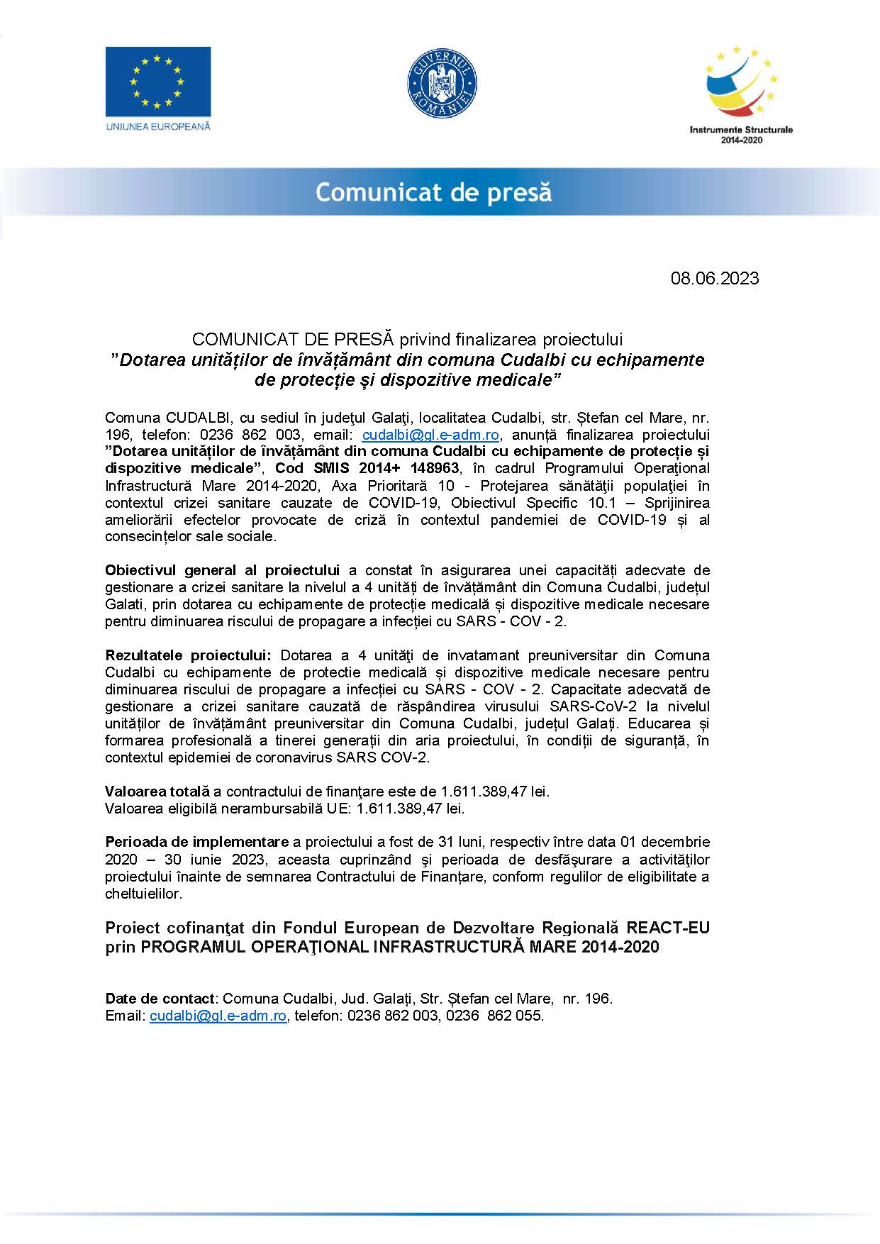 COMUNICAT DE PRESĂ privind finalizarea proiectului ”Dotarea unităților de învățământ din comuna Cudalbi cu echipamente de protecție și dispozitive medicale” 08.06.2023