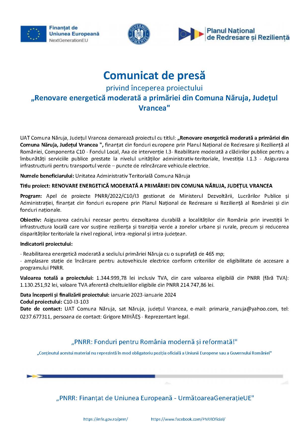 Comunicat de presă privind începerea proiectului „Renovare energetică moderată a primăriei din Comuna Năruja, Județul Vrancea" - 30 martie 2023