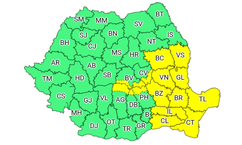 COD GALBEN de ploi torențiale în județul Galați
