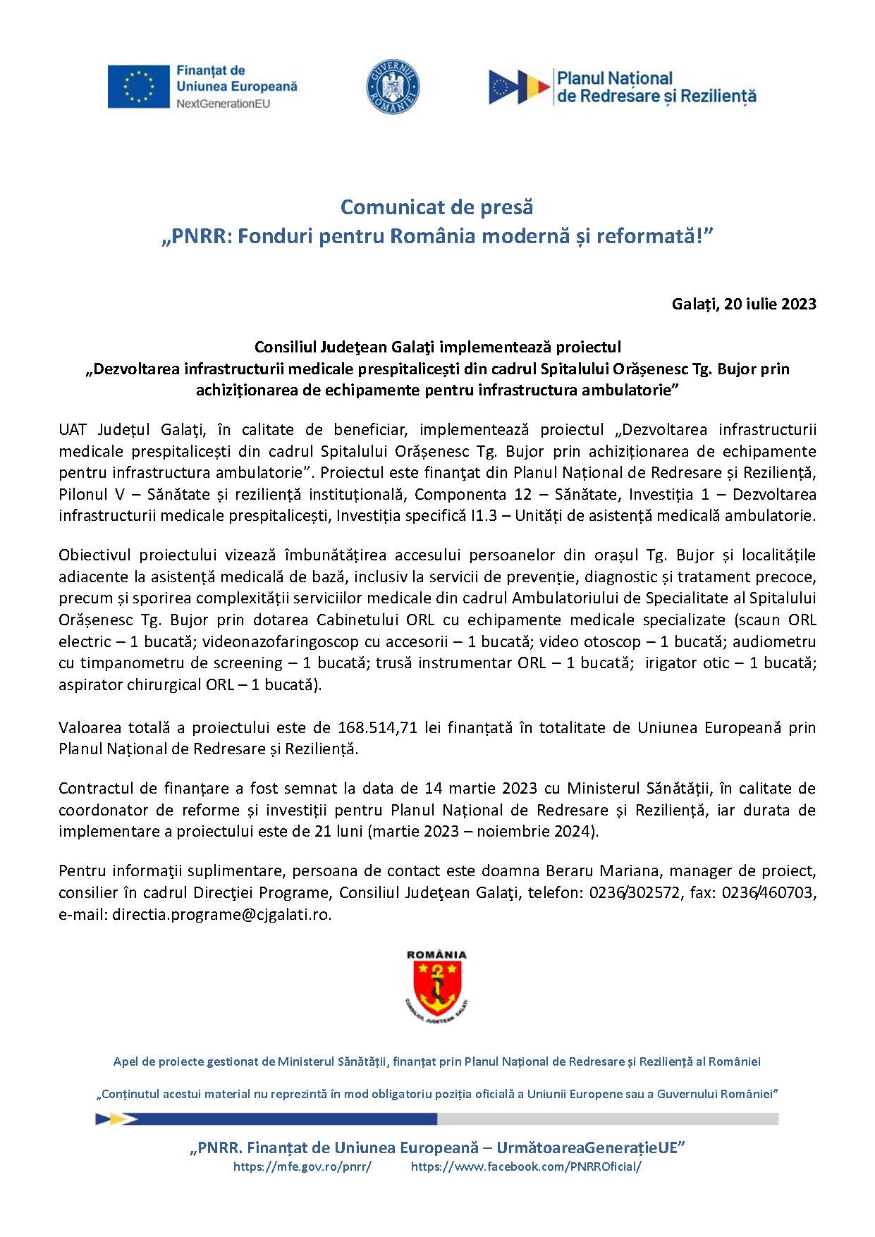 Consiliul Judeţean Galaţi implementează proiectul „Dezvoltarea infrastructurii medicale prespitalicești din cadrul Spitalului Orășenesc Tg. Bujor prin achiziționarea de echipamente pentru infrastructura ambulatorie”