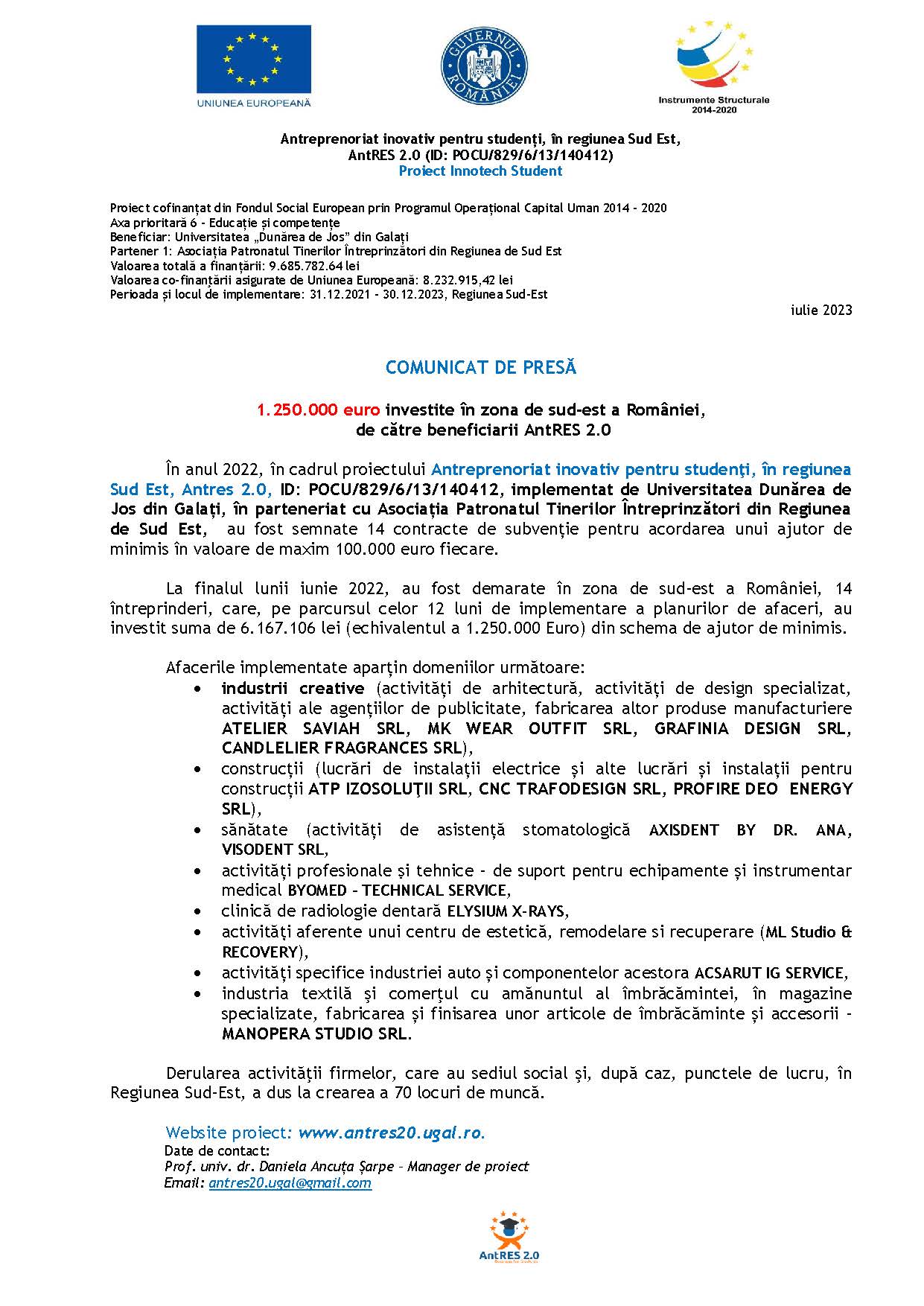 1.250.000 euro investite în zona de sud-est a României, de către beneficiarii AntRES 2.0