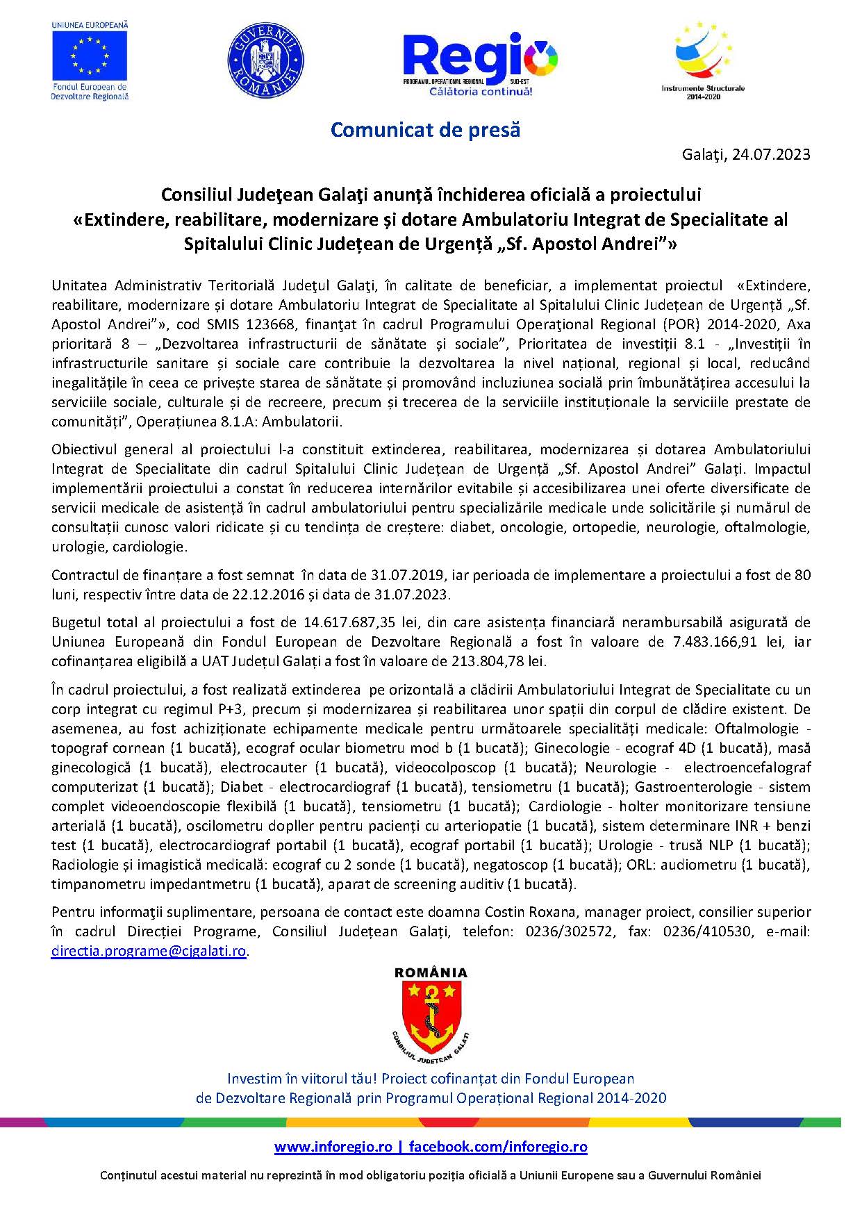 Consiliul Judeţean Galaţi anunță închiderea oficială a proiectului «Extindere, reabilitare, modernizare și dotare Ambulatoriu Integrat de Specialitate al Spitalului Clinic Județean de Urgență „Sf. Apostol Andrei”»