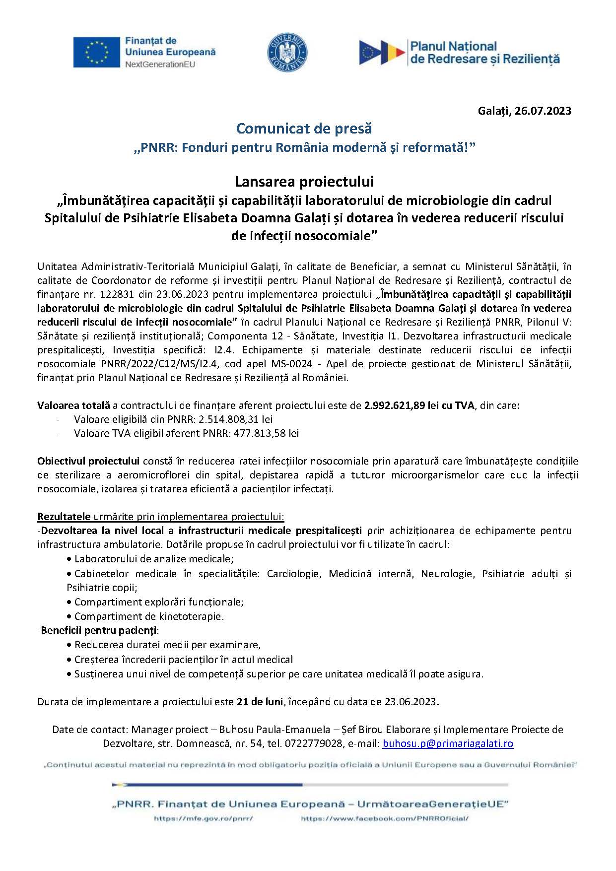 Lansarea proiectului „Îmbunătățirea capacității și capabilității laboratorului de microbiologie din cadrul Spitalului de Psihiatrie Elisabeta Doamna Galați și dotarea în vederea reducerii riscului de infecții nosocomiale”