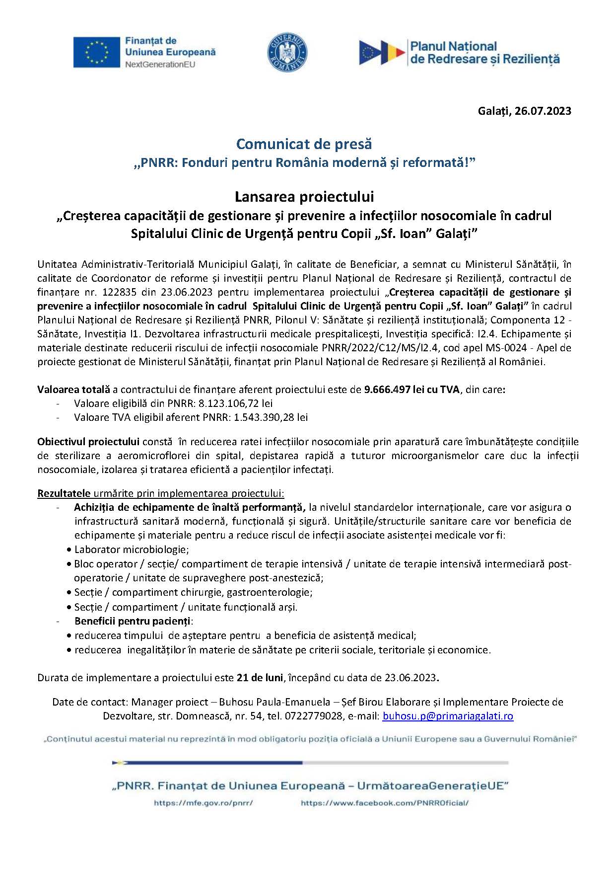 Lansarea proiectului „Creșterea capacității de gestionare și prevenire a infecțiilor nosocomiale în cadrul Spitalului Clinic de Urgență pentru Copii „Sf. Ioan” Galați”