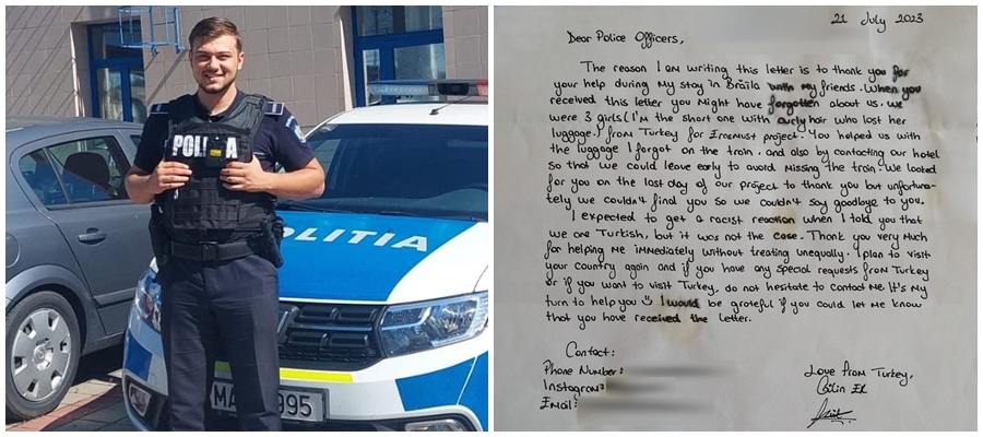 Scrisoare emoţionantă a unei turcoaice pentru un poliţist din Brăila