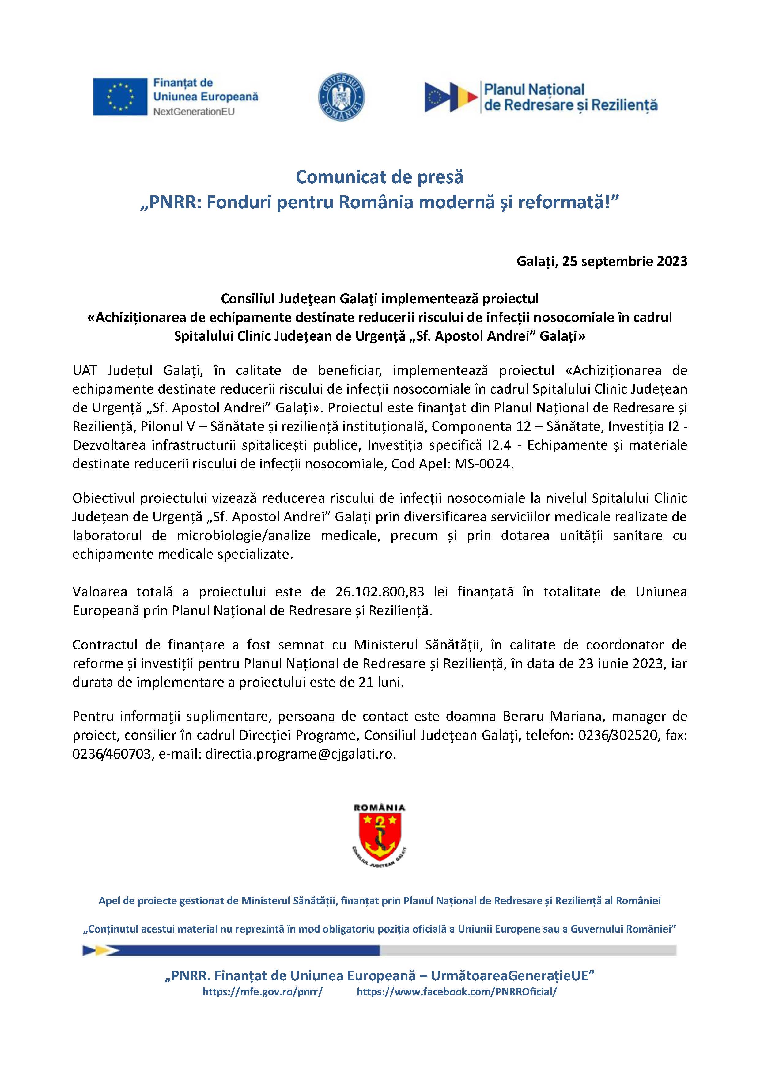 Consiliul Judeţean Galaţi implementează proiectul «Achiziționarea de echipamente destinate reducerii riscului de infecții nosocomiale în cadrul Spitalului Clinic Județean de Urgență „Sf. Apostol Andrei” Galați»