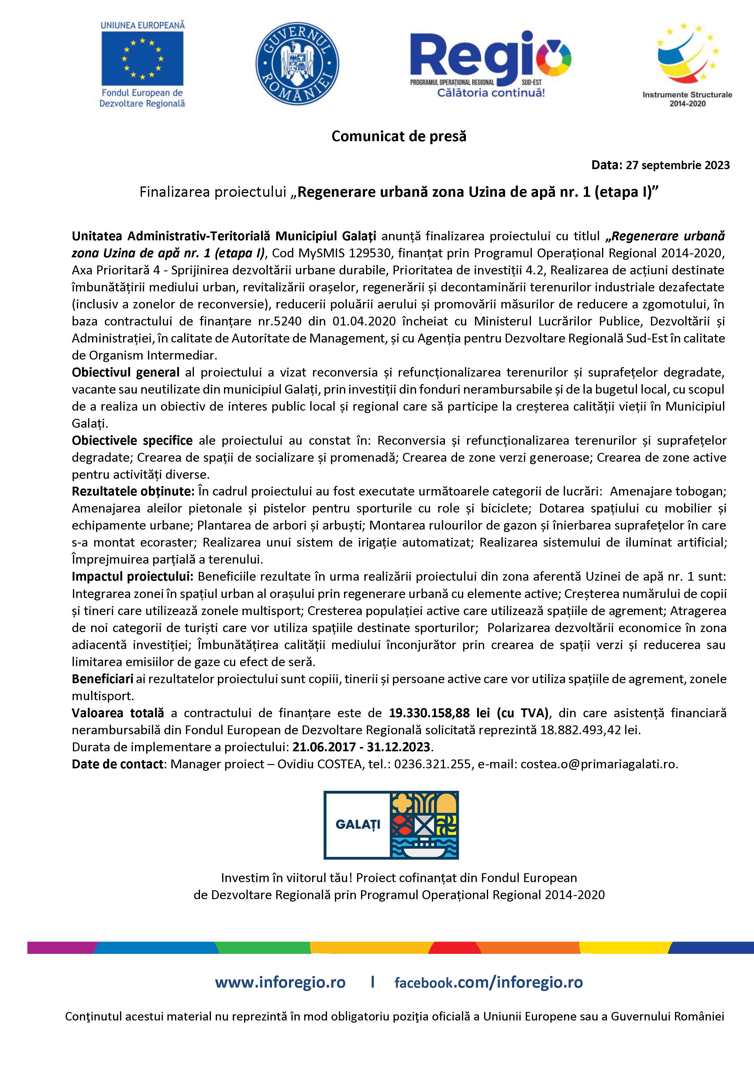 Comunicat de presă: Finalizarea proiectului „Regenerare urbană zona Uzina de apă nr. 1 (etapa I)” - Data: 27.09.2023