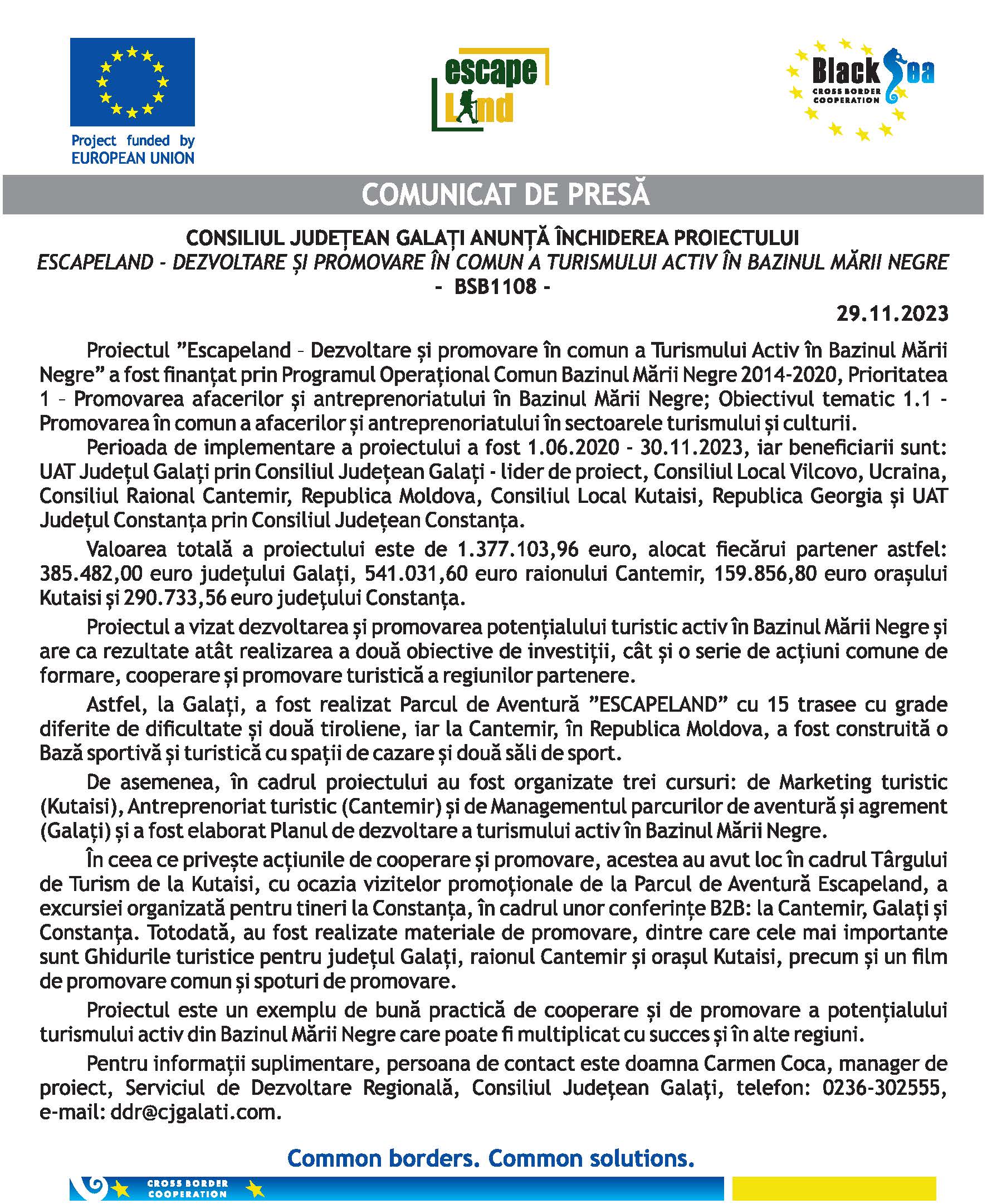 CONSILIUL JUDEȚEAN GALAȚI ANUNȚĂ ÎNCHIDEREA PROIECTULUI ESCAPELAND - DEZVOLTARE ȘI PROMOVARE ÎN COMUN A TURISMULUI ACTIV ÎN BAZINUL MĂRII NEGRE - BSB1108 -