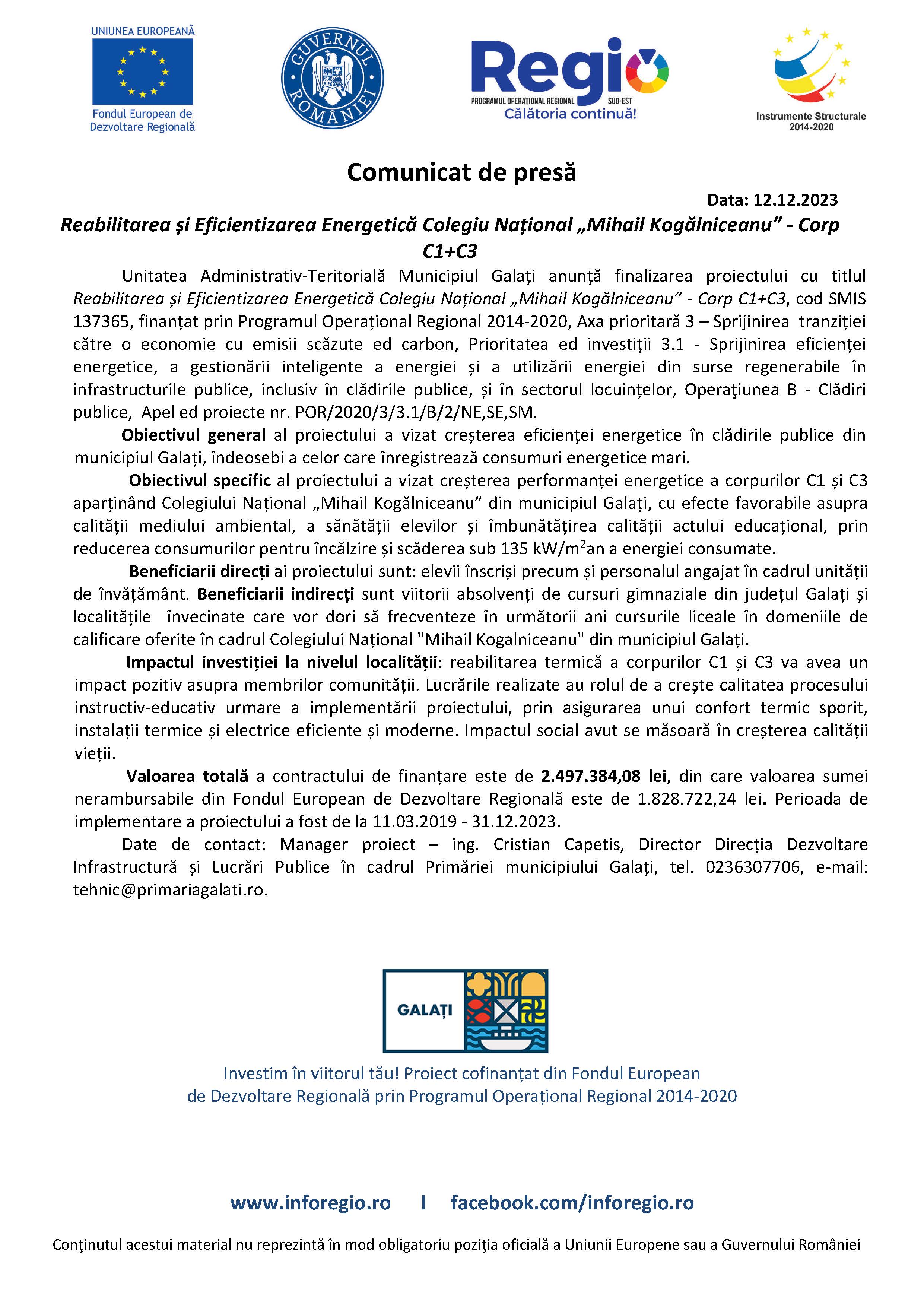Reabilitarea și Eficientizarea Energetică Colegiu Național „Mihail Kogălniceanu” - Corp C1+C3