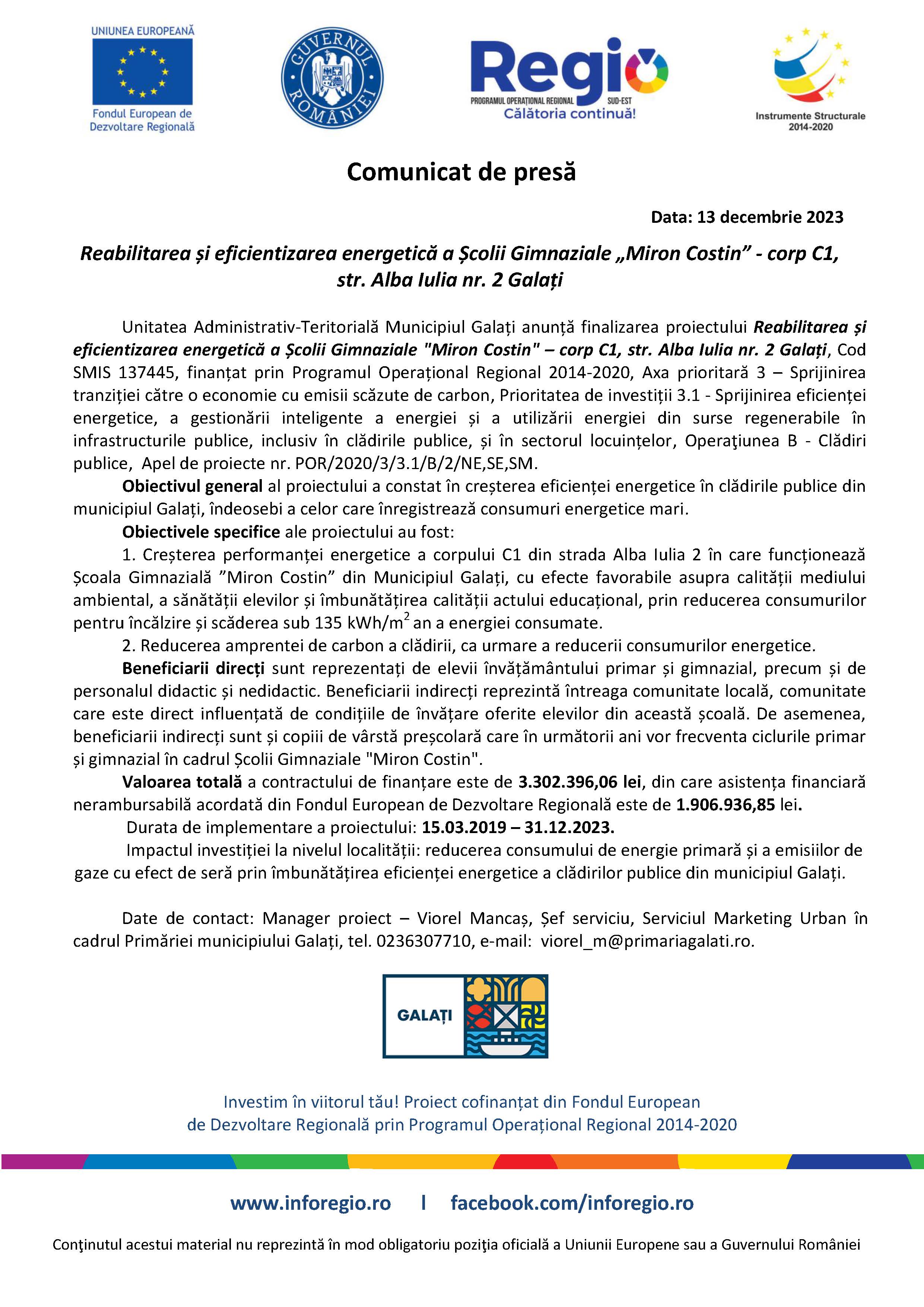 Reabilitarea și eficientizarea energetică a Școlii Gimnaziale „Miron Costin” - corp C1, str. Alba Iulia nr. 2 Galați
