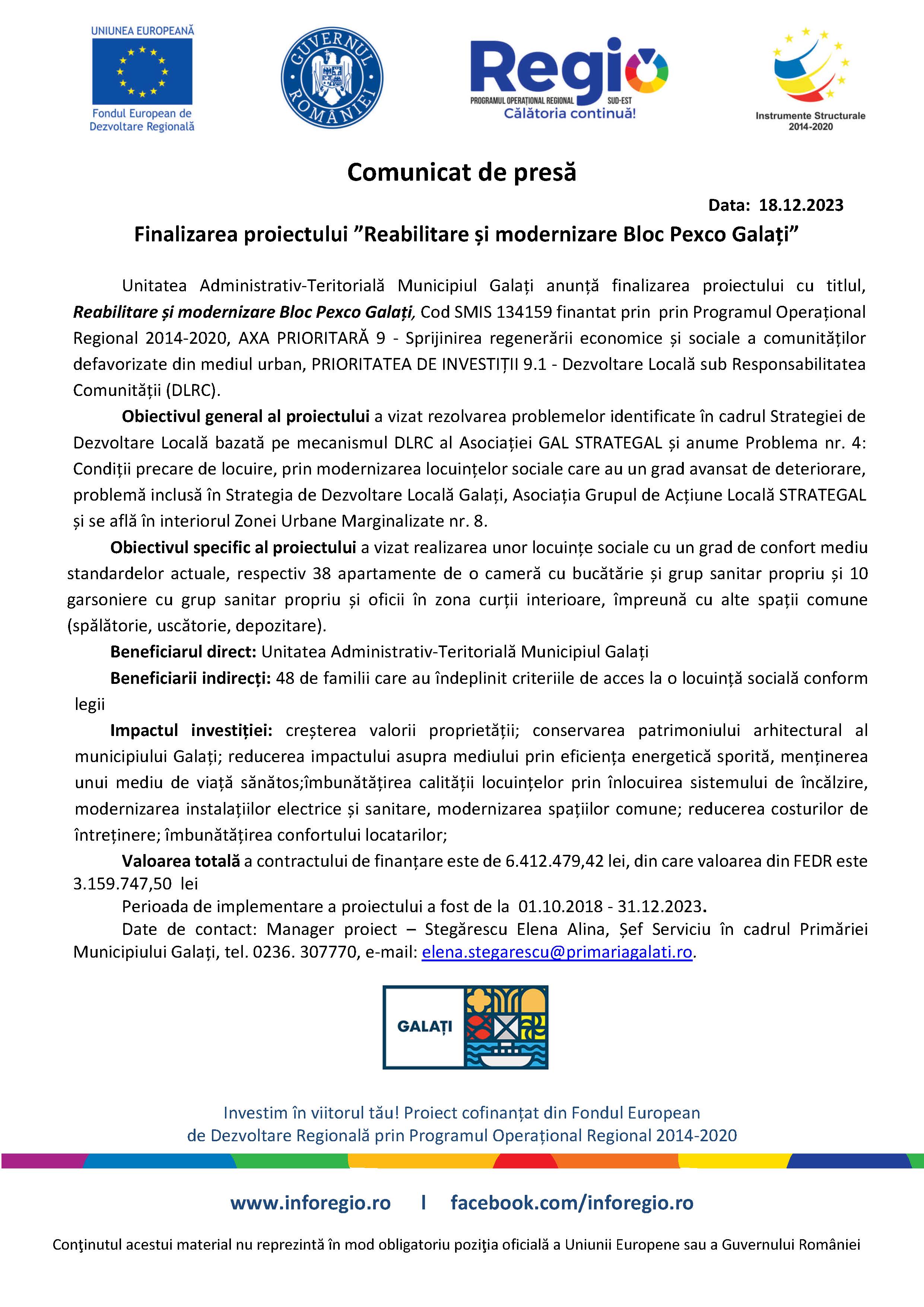 Finalizarea proiectului ”Reabilitare și modernizare Bloc Pexco Galați”