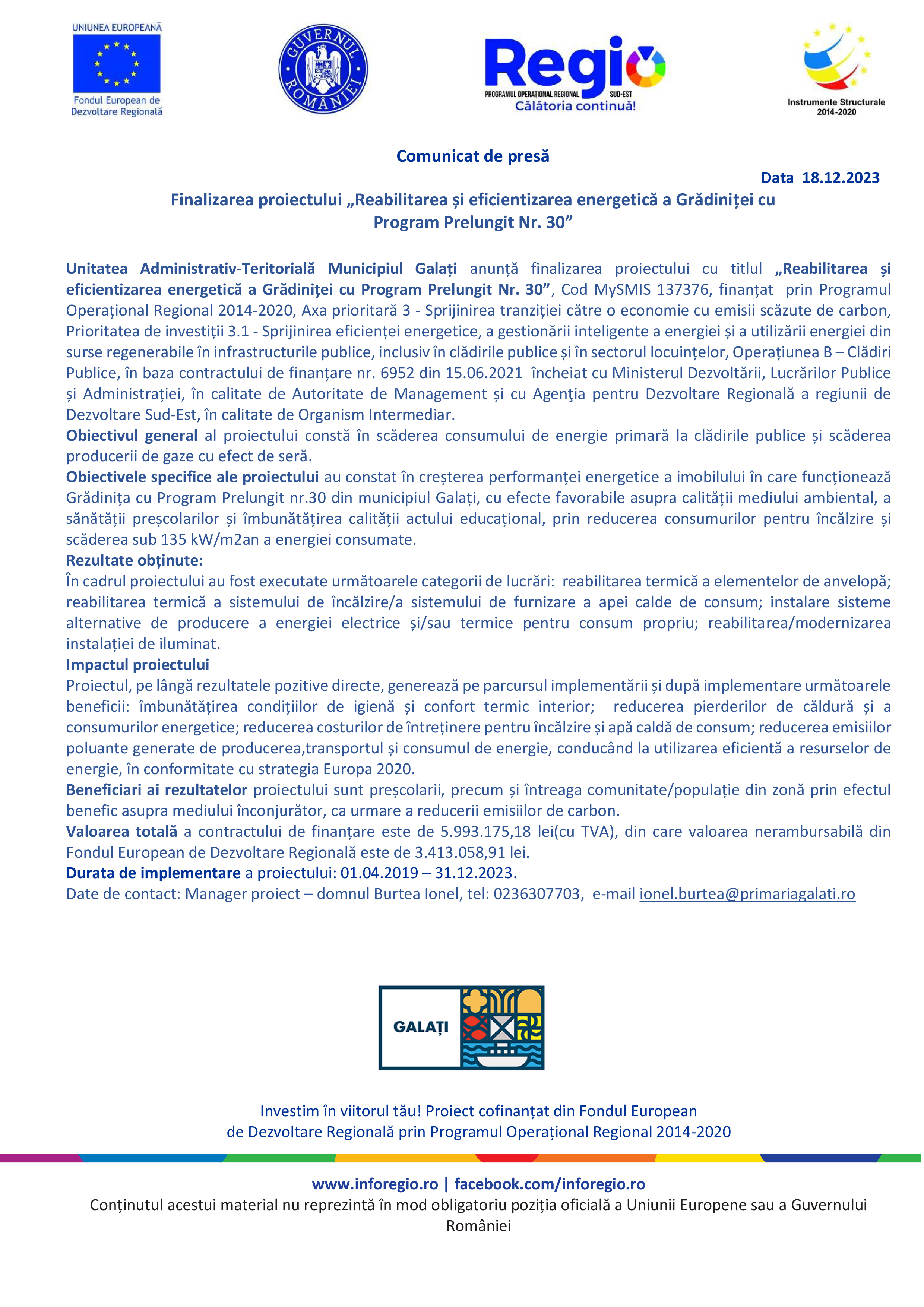 Finalizarea proiectului „Reabilitarea și eficientizarea energetică a Grădiniței cu Program Prelungit Nr. 30”