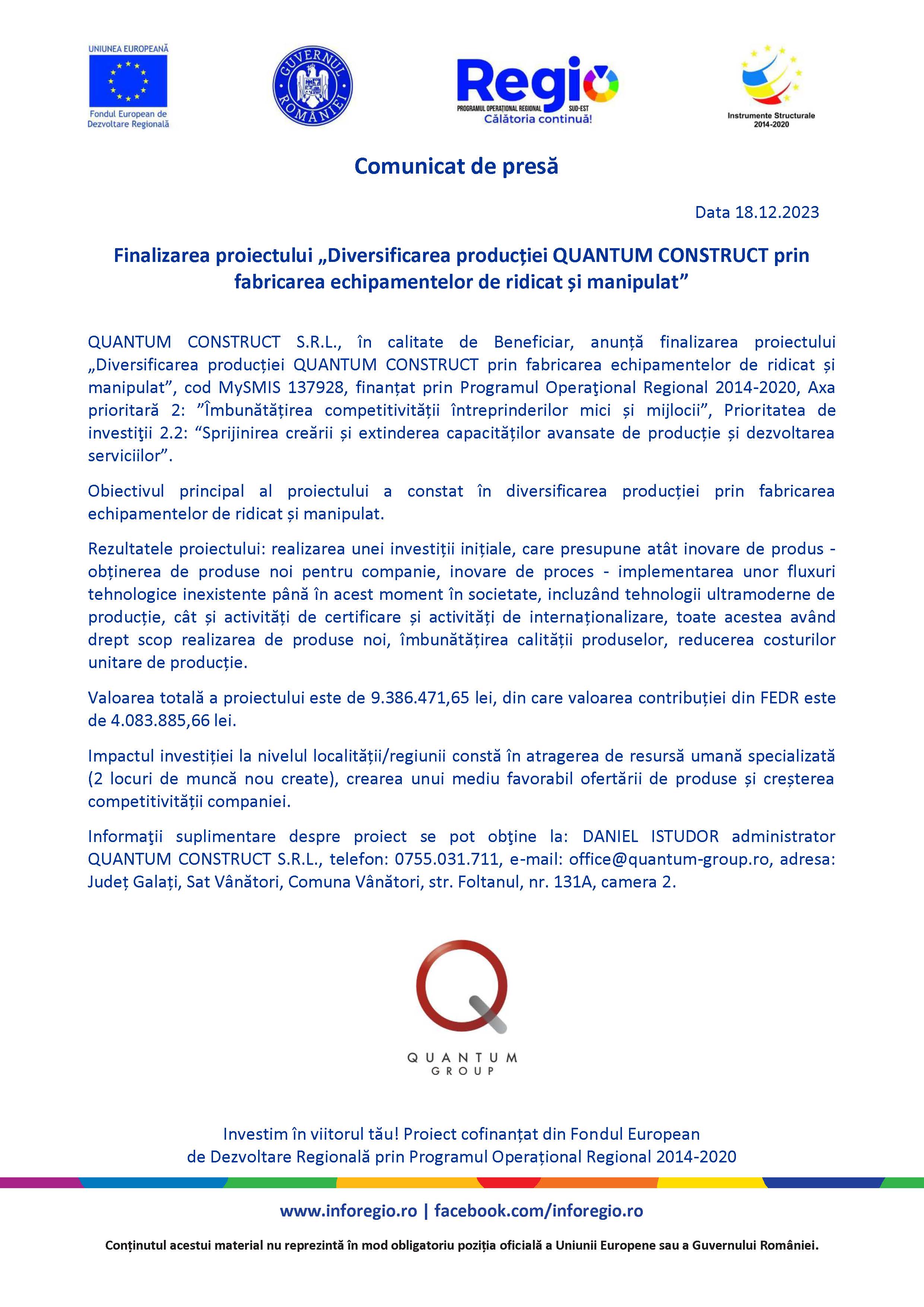 Finalizarea proiectului „Diversificarea producției QUANTUM CONSTRUCT prin fabricarea echipamentelor de ridicat și manipulat” 18.12.2023