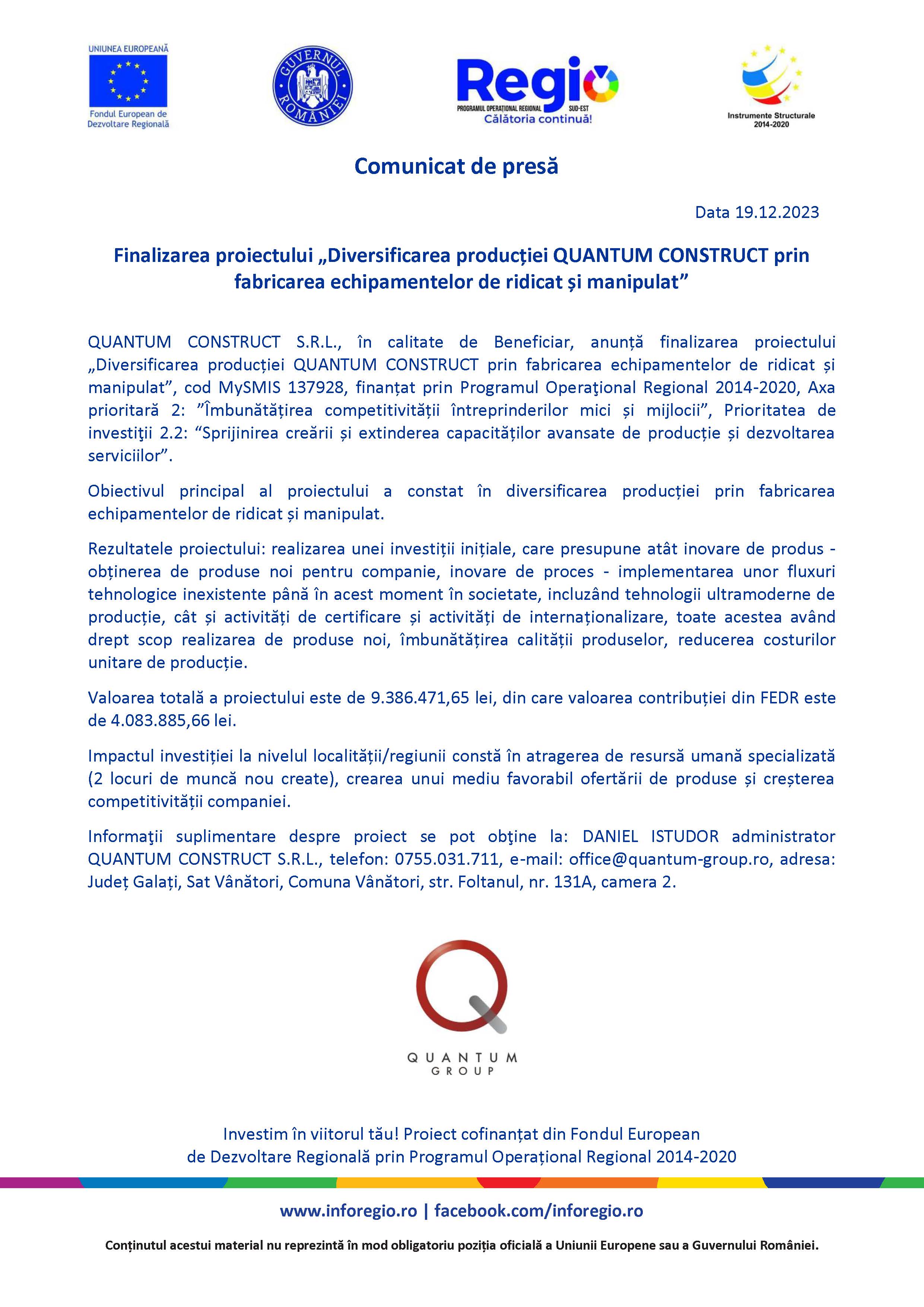 Finalizarea proiectului „Diversificarea producției QUANTUM CONSTRUCT prin fabricarea echipamentelor de ridicat și manipulat” 19.12.2023