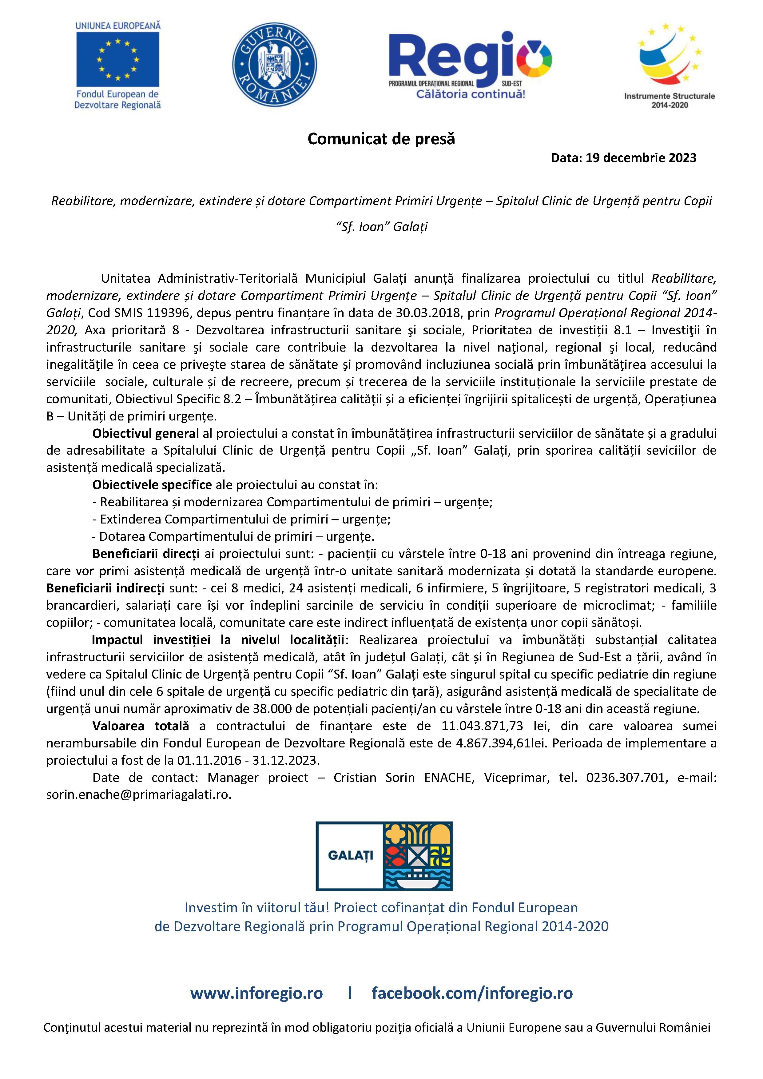 Reabilitare, modernizare, extindere și dotare Compartiment Primiri Urgențe – Spitalul Clinic de Urgență pentru Copii “Sf. Ioan” Galați