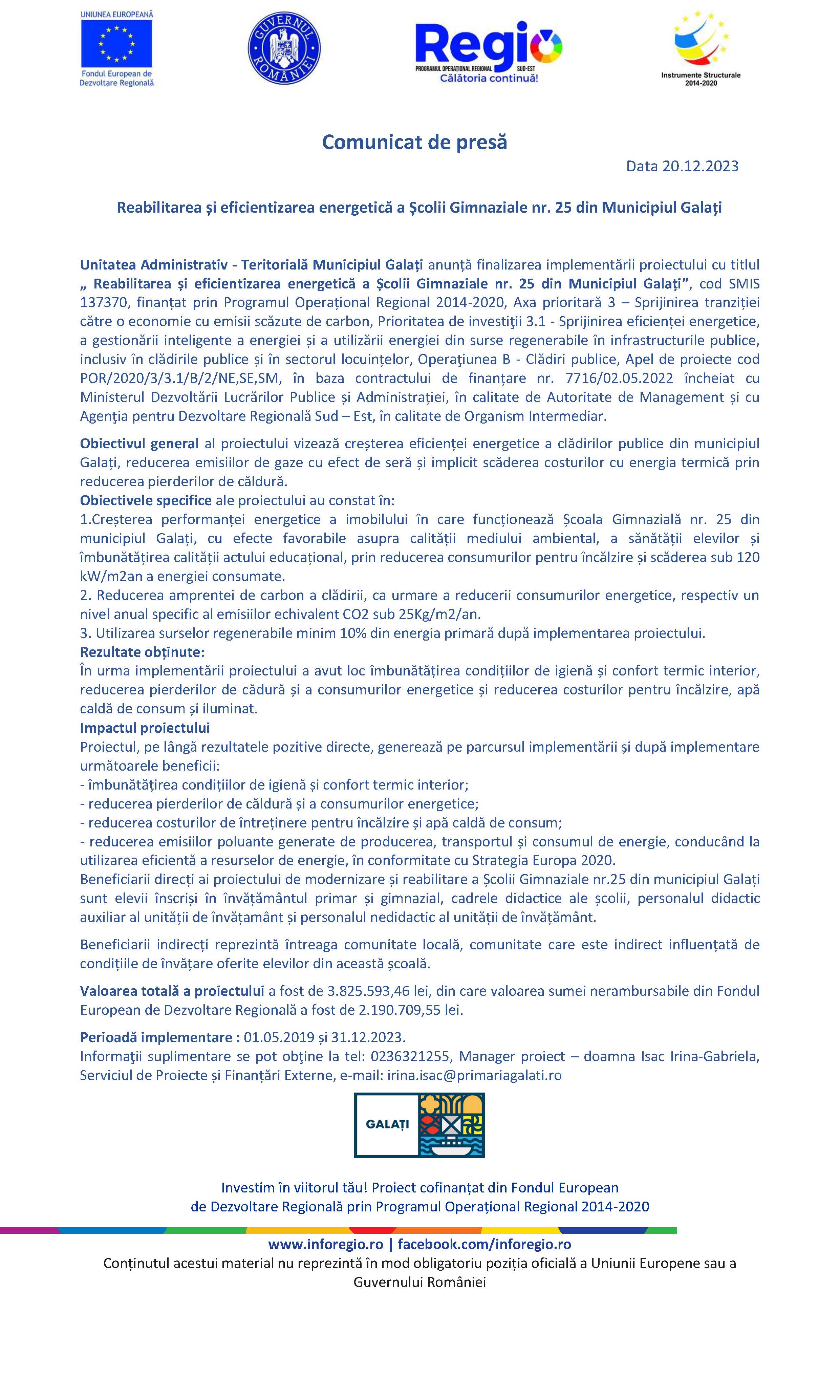 Reabilitarea și eficientizarea energetică a Școlii Gimnaziale nr. 25 din Municipiul Galați