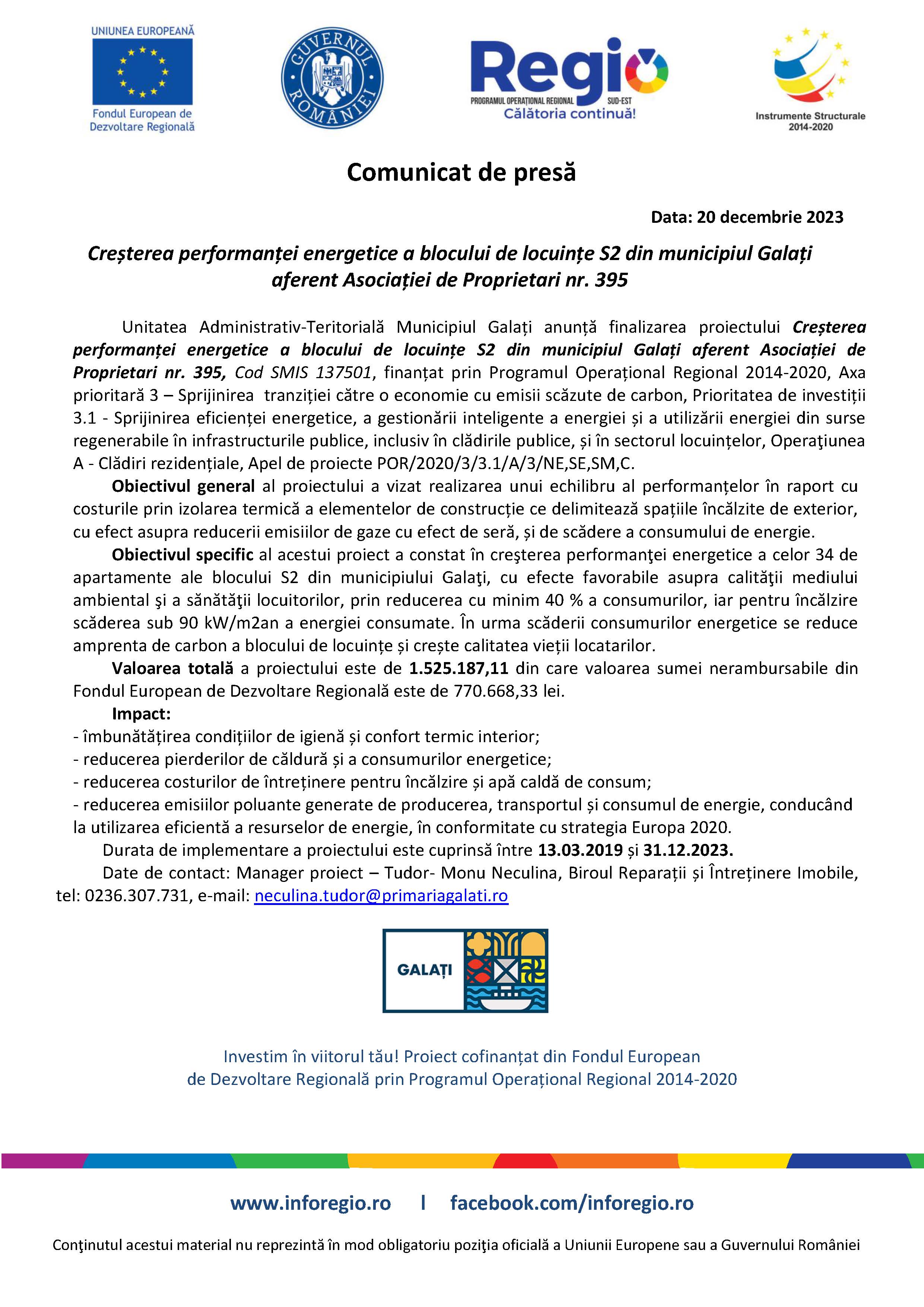 Creșterea performanței energetice a blocului de locuințe S2 din municipiul Galați aferent Asociației de Proprietari nr. 395