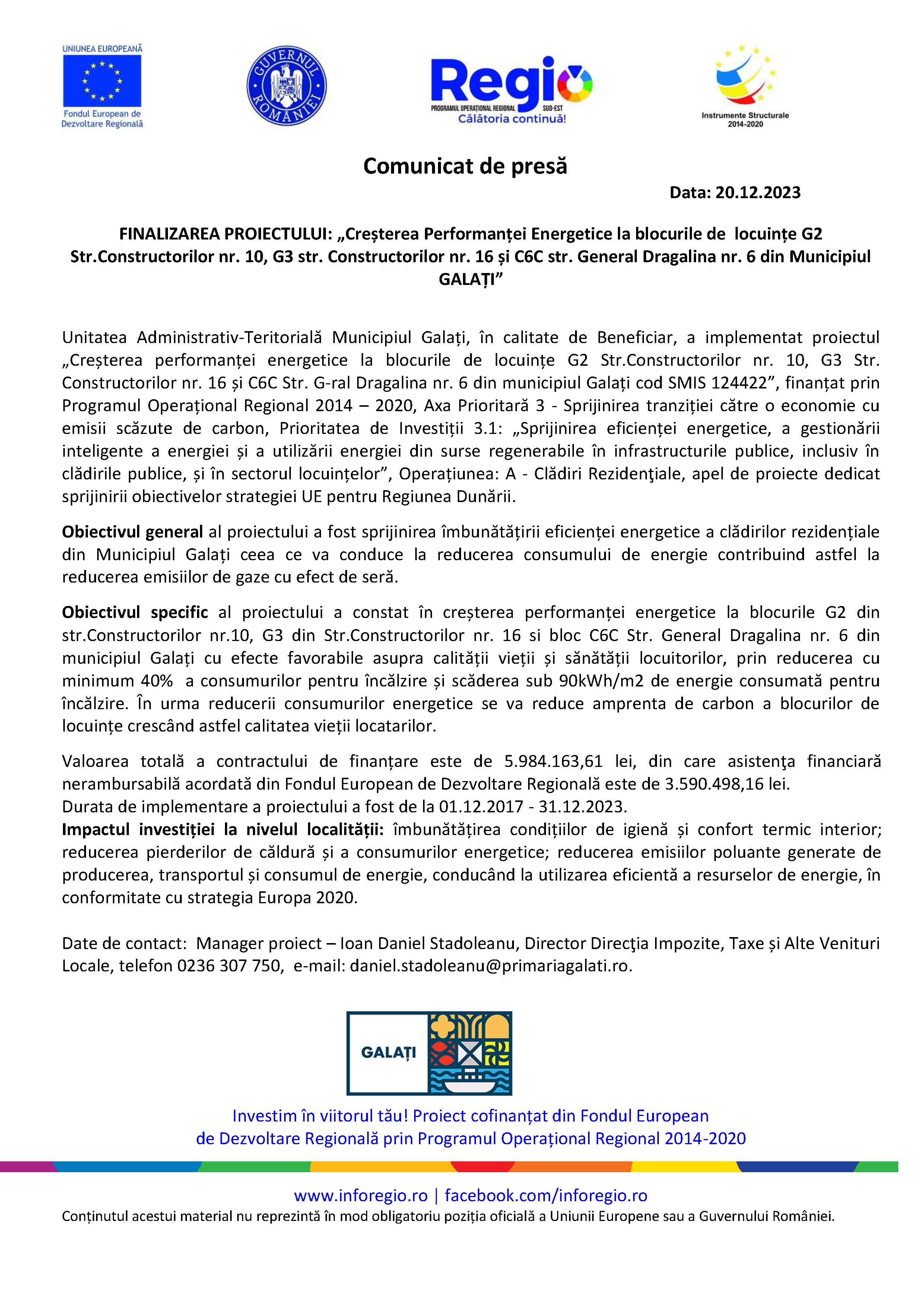 FINALIZAREA PROIECTULUI: „Creșterea Performanței Energetice la blocurile de  locuințe G2 Str.Constructorilor nr. 10, G3 str. Constructorilor nr. 16 și C6C str. General Dragalina nr. 6 din Municipiul GALAȚI”