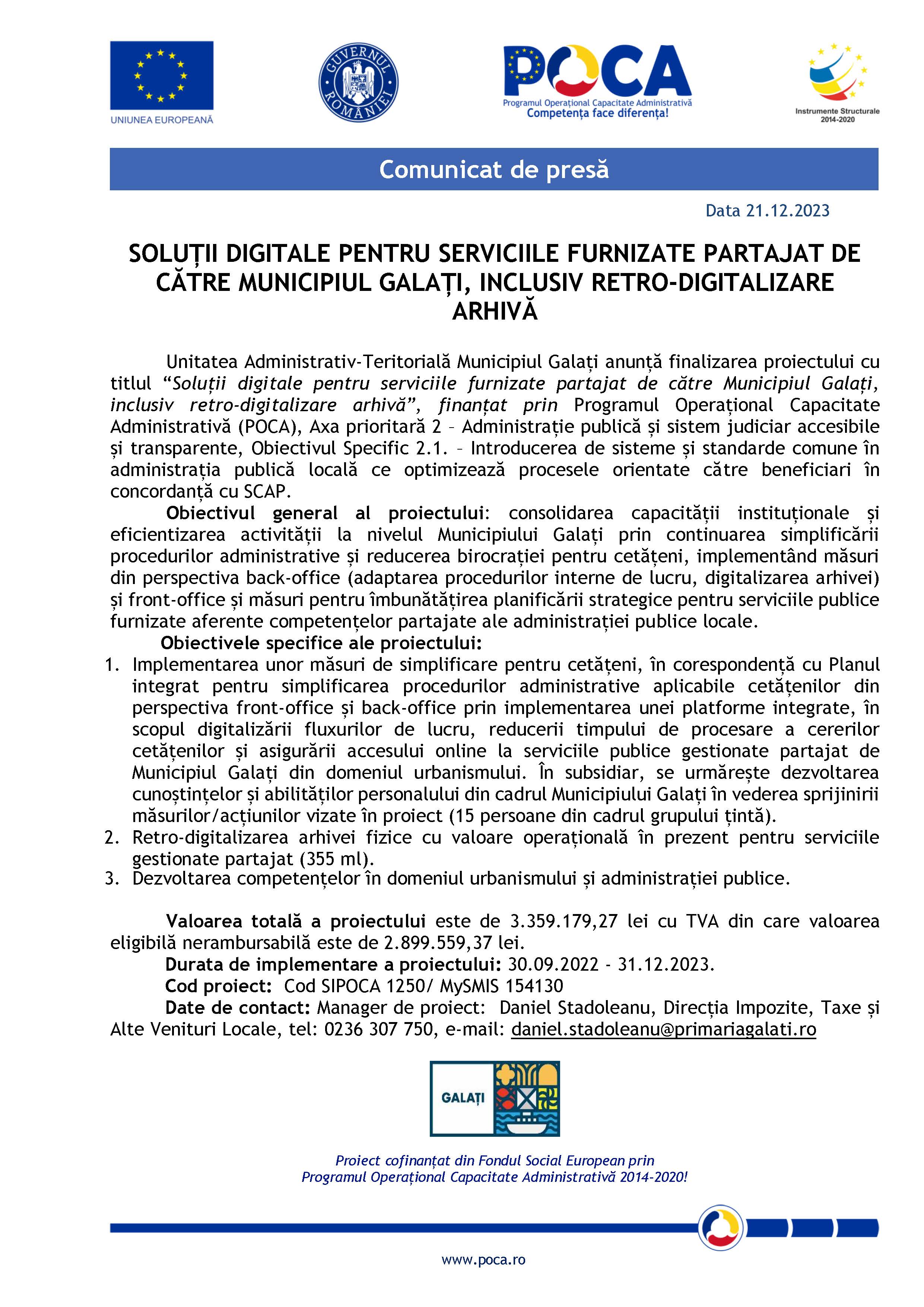 SOLUȚII DIGITALE PENTRU SERVICIILE FURNIZATE PARTAJAT DE CĂTRE MUNICIPIUL GALAȚI, INCLUSIV RETRO-DIGITALIZARE ARHIVĂ