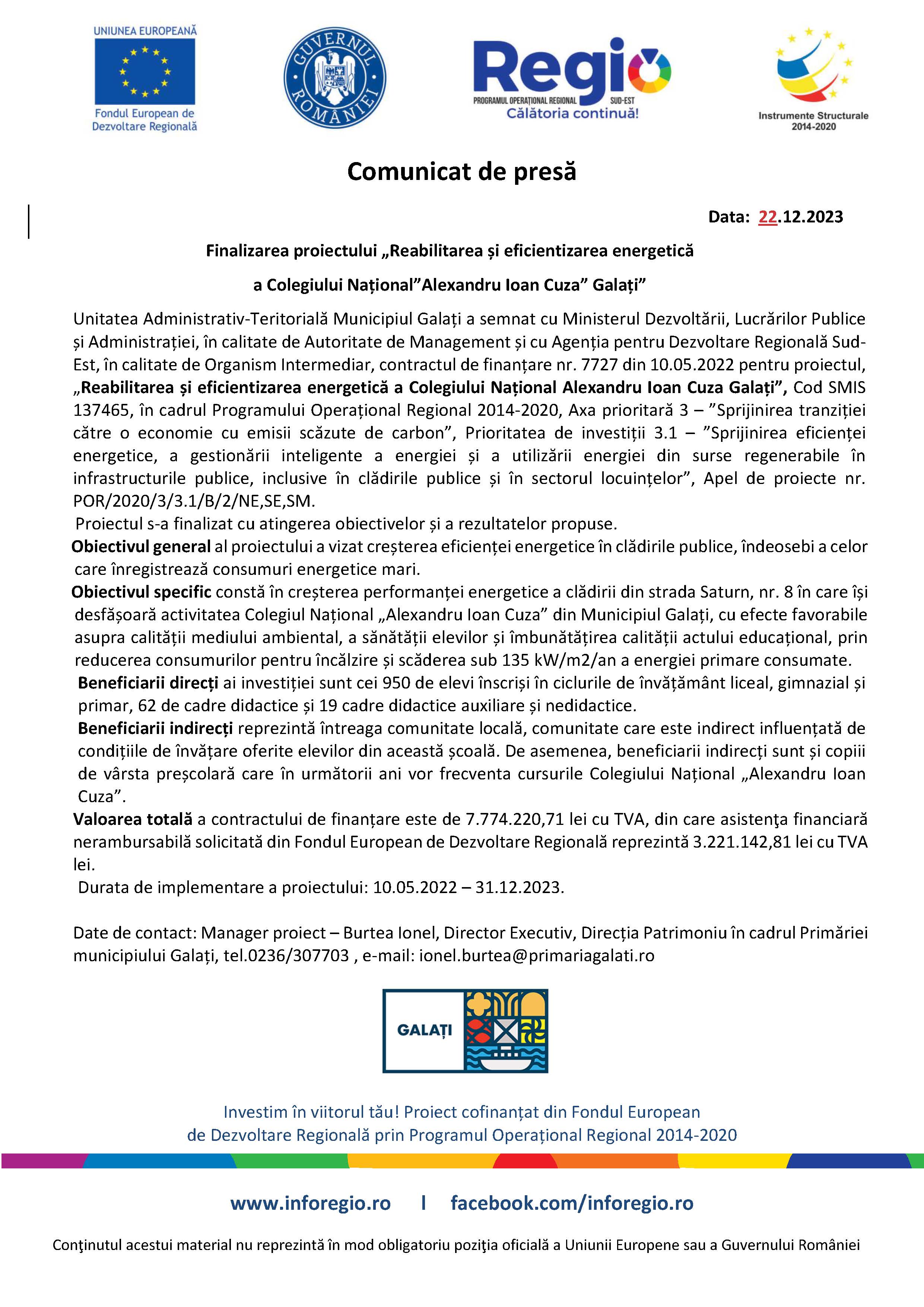 Finalizarea proiectului „Reabilitarea și eficientizarea energetică a Colegiului Național ”Alexandru Ioan Cuza” Galați”