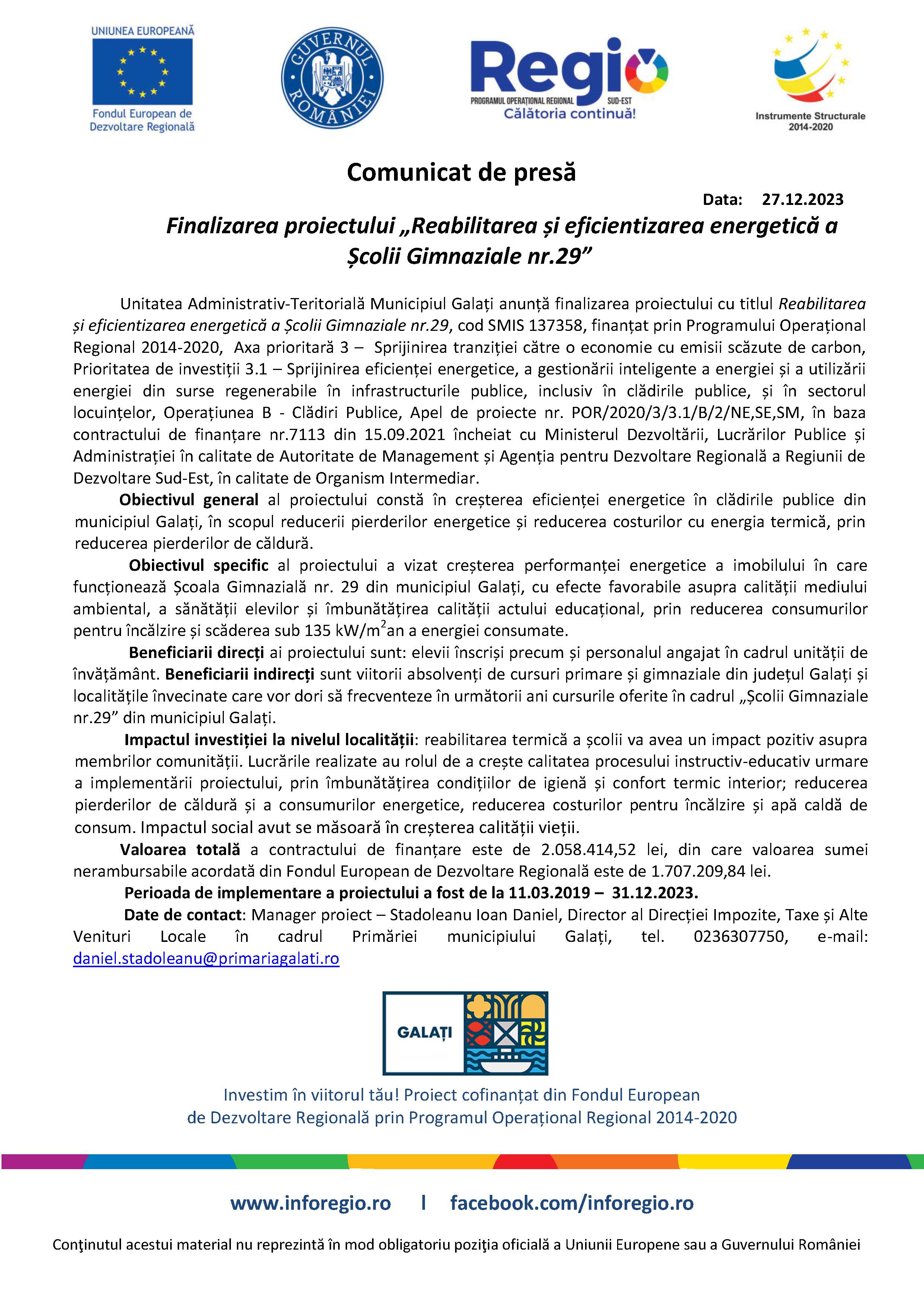 Finalizarea proiectului „Reabilitarea și eficientizarea energetică a Școlii Gimnaziale nr.29”