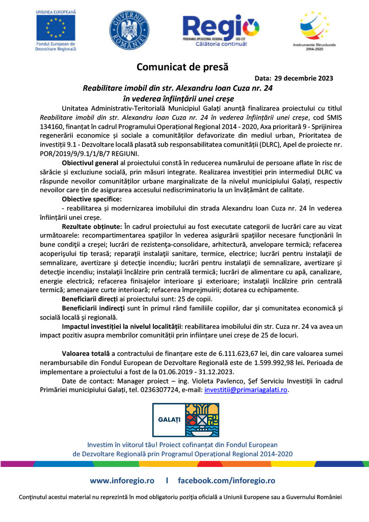 Finalizare proiect ”Reabilitare imobil din str. Alexandru Ioan Cuza nr. 24  în vederea înființării unei creșe”