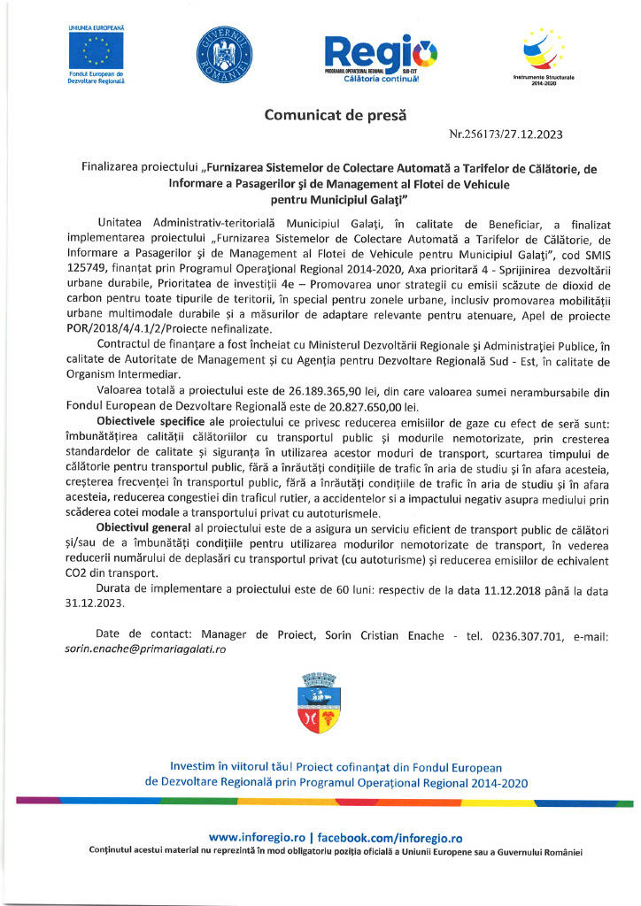 Finalizarea proiectului „Furnizarea Sistemelor de Colectare Automată a Tarifelor de Călătorie, de Informare a Pasagerilor şi de Management al Flotei de Vehicule pentru Municipiul Galaţi”