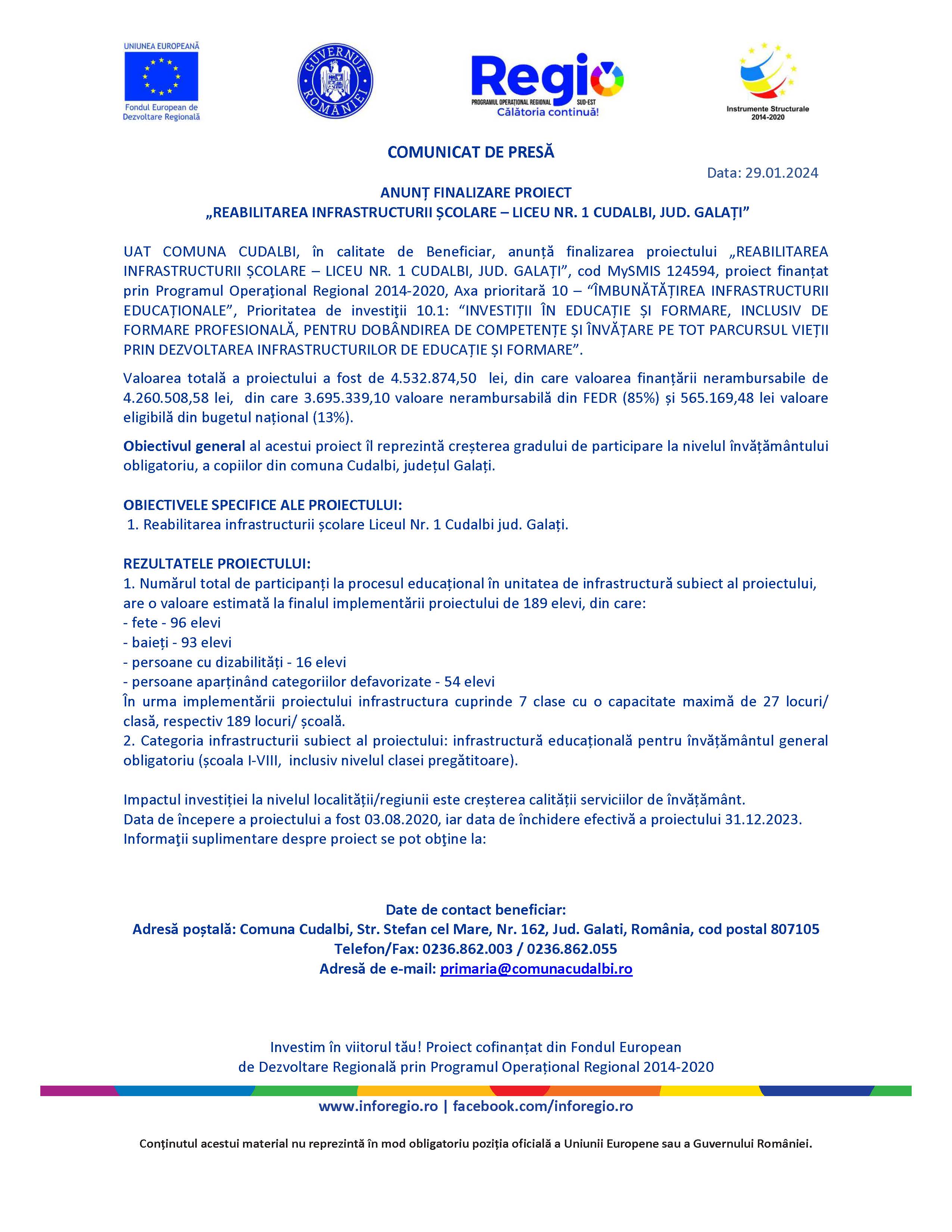 ANUNȚ FINALIZARE PROIECT „REABILITAREA INFRASTRUCTURII ȘCOLARE – LICEU NR. 1 CUDALBI, JUD. GALAȚI” - 29.01.2024