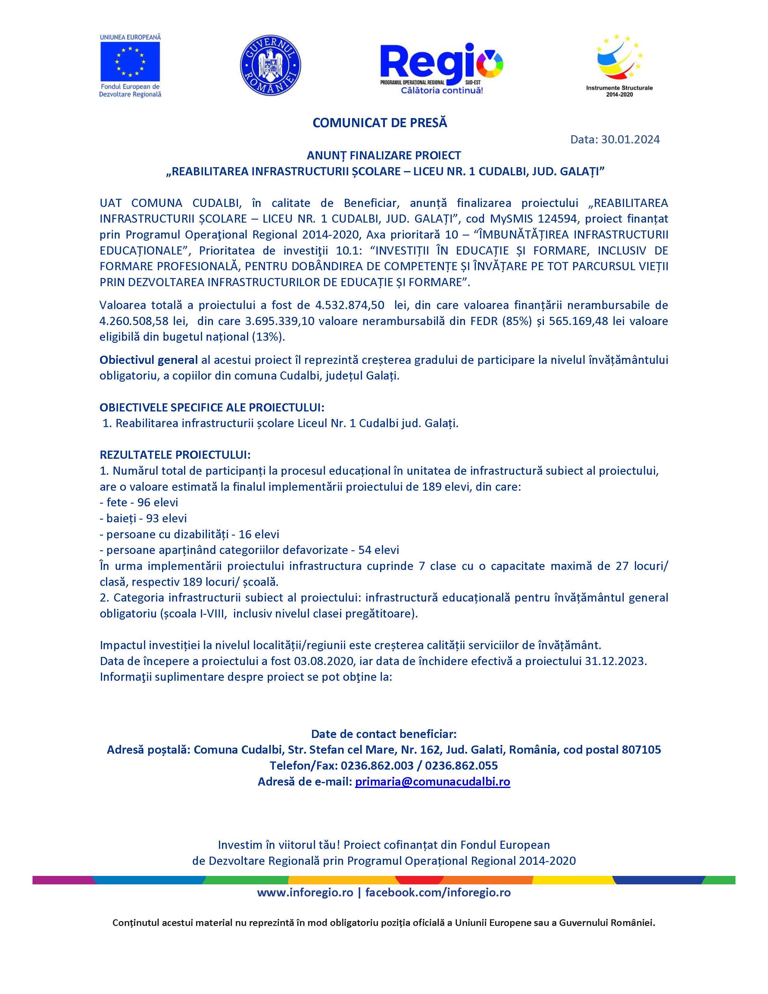 ANUNȚ FINALIZARE PROIECT „REABILITAREA INFRASTRUCTURII ȘCOLARE – LICEU NR. 1 CUDALBI, JUD. GALAȚI” - 30.01.2024