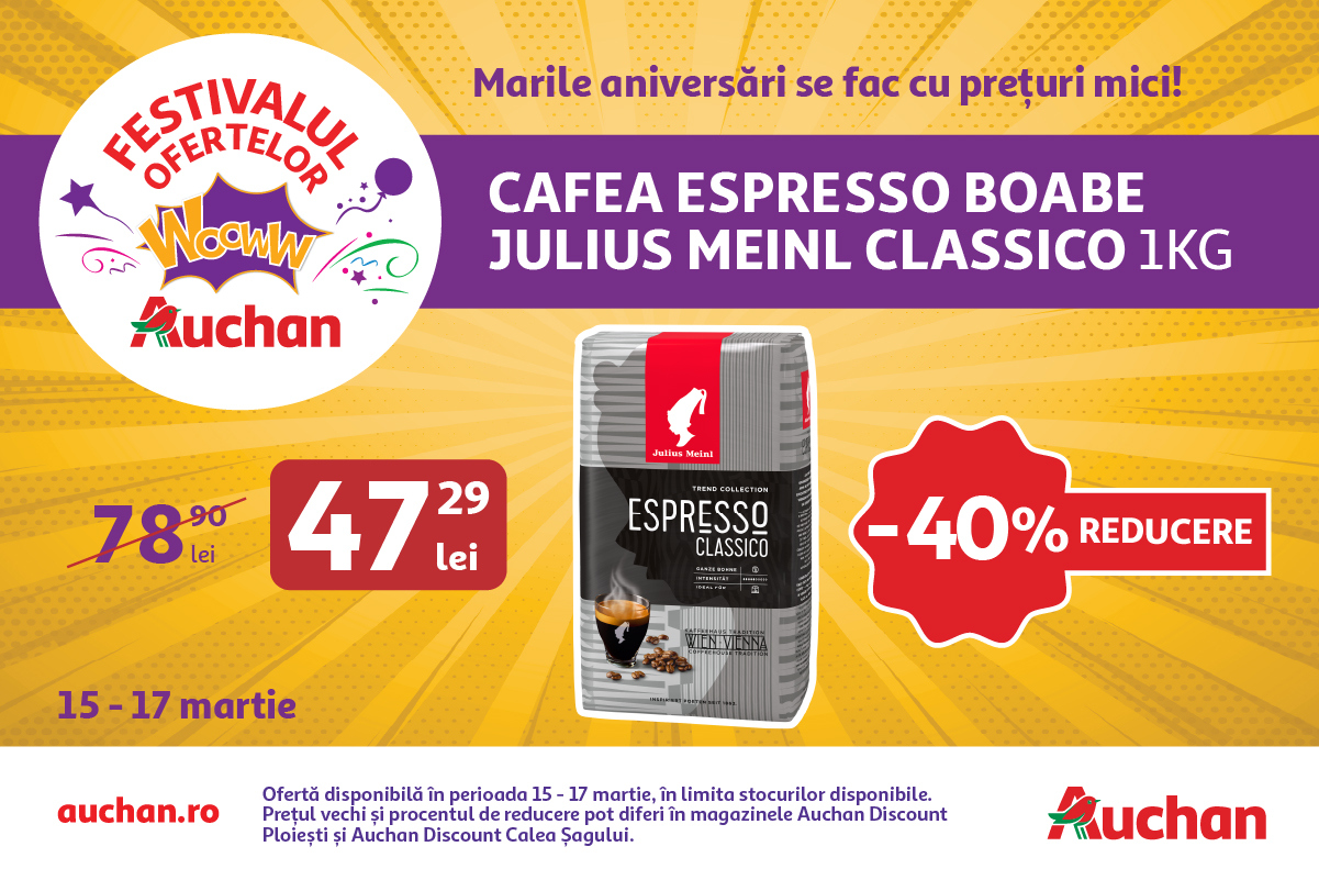 Oferte Wooww la Auchan în acest weekend, la cafea, detergent și multe altele