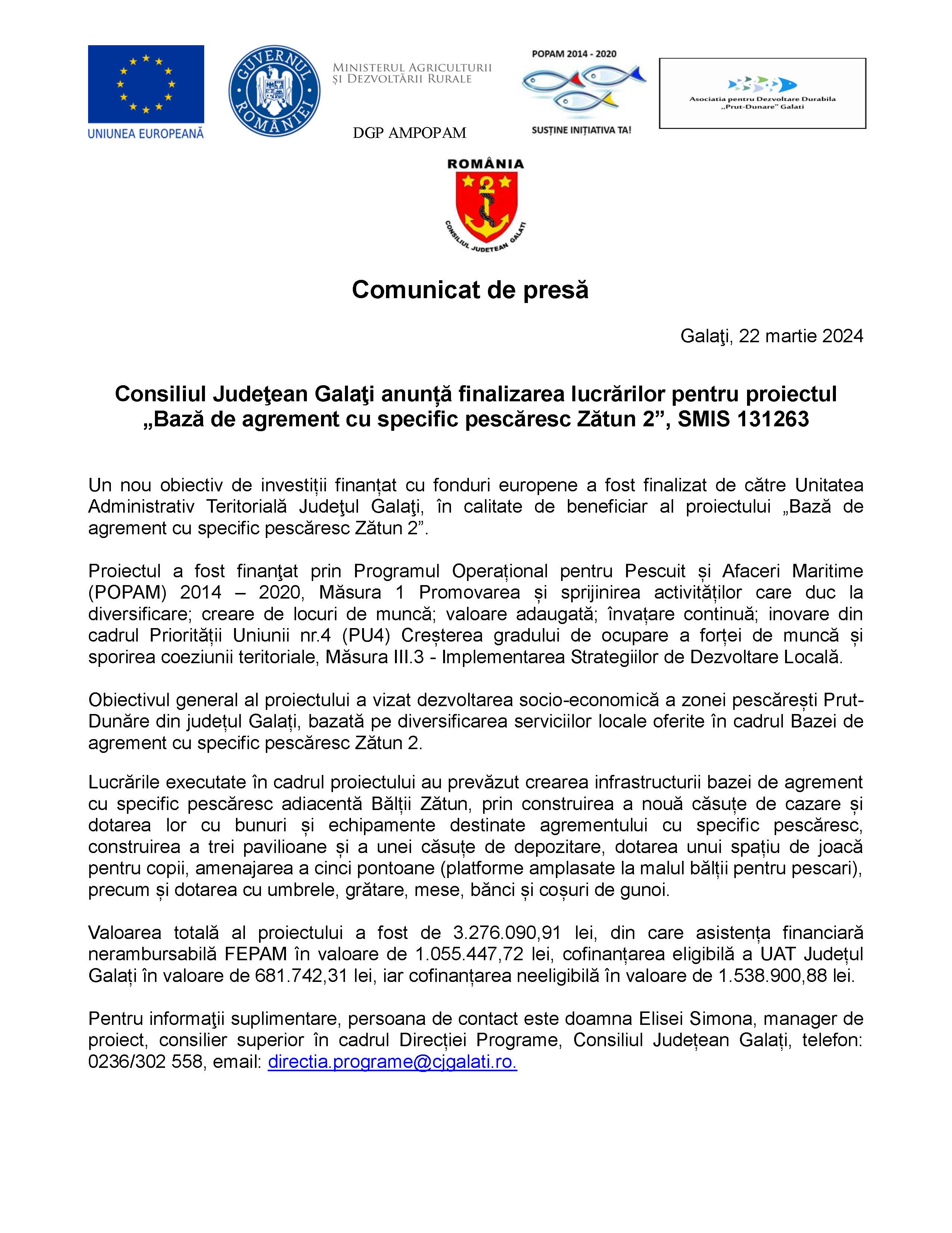 Consiliul Judeţean Galaţi anunță finalizarea lucrărilor pentru proiectul  „Bază de agrement cu specific pescăresc Zătun 2”, SMIS 131263