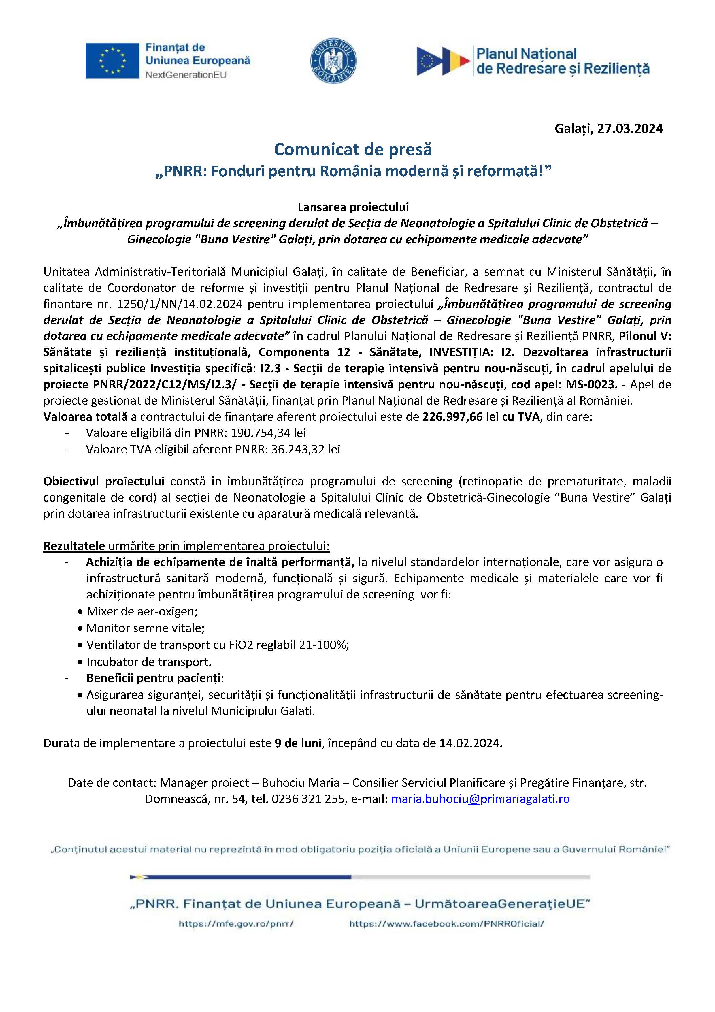 Lansarea proiectului „Îmbunătățirea programului de screening derulat de Secția de Neonatologie a Spitalului Clinic de Obstetrică – Ginecologie "Buna Vestire" Galați, prin dotarea cu echipamente medicale adecvate”