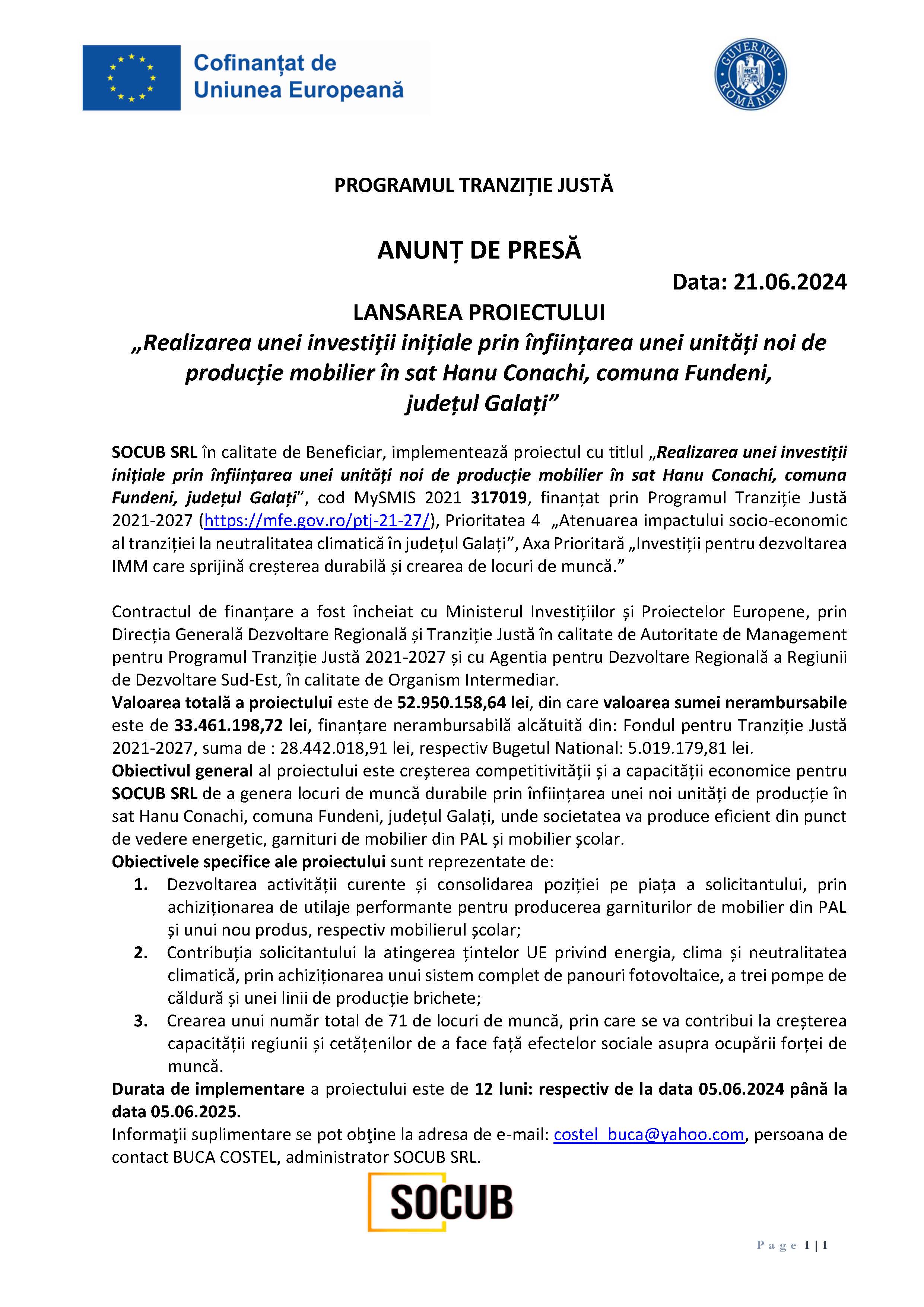 LANSAREA PROIECTULUI „Realizarea unei investiții inițiale prin înființarea unei unități noi de producție mobilier în sat Hanu Conachi, comuna Fundeni, județul Galați”