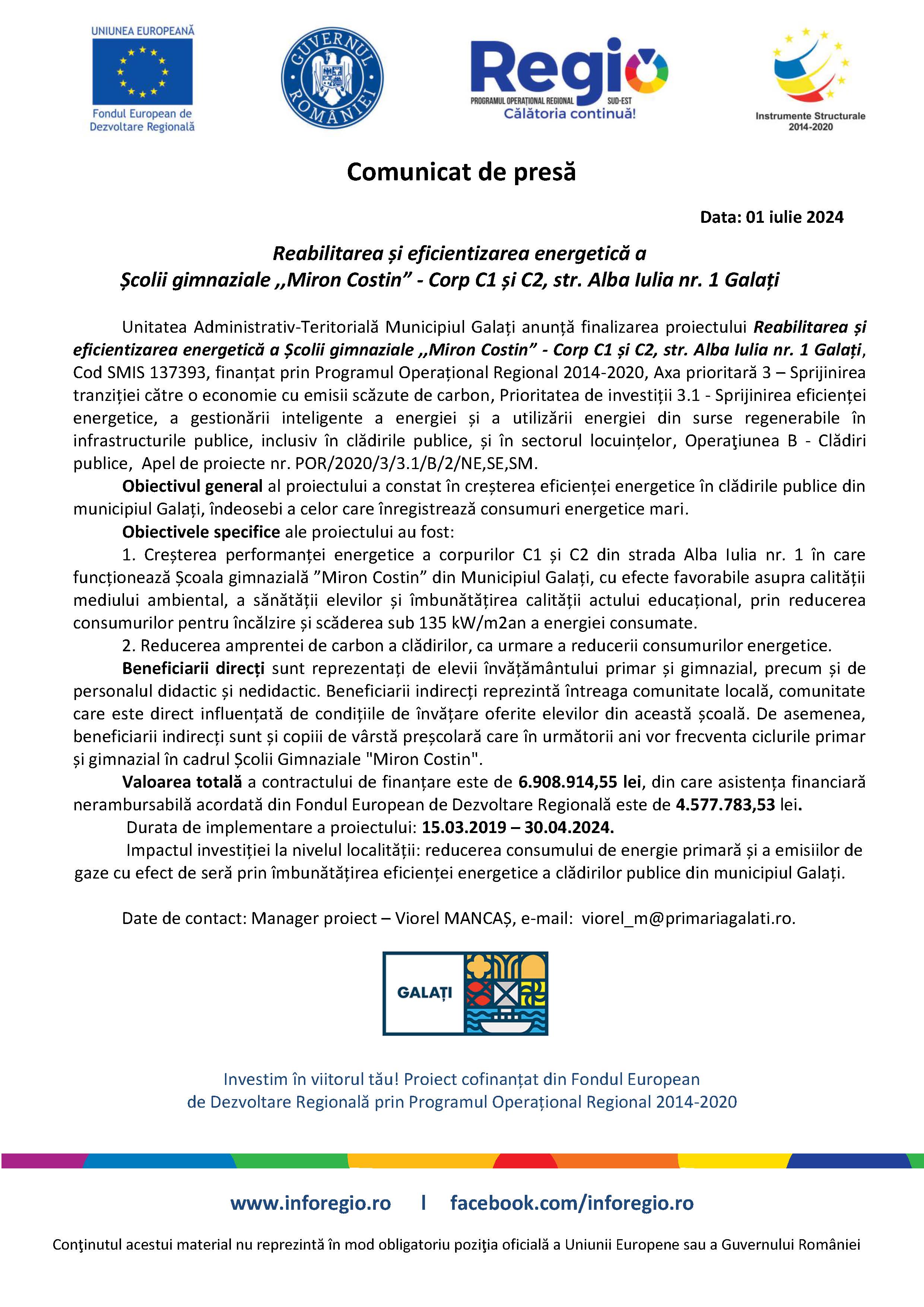 Reabilitarea și eficientizarea energetică a Școlii gimnaziale ,,Miron Costin” - Corp C1 și C2, str. Alba Iulia nr. 1 Galați