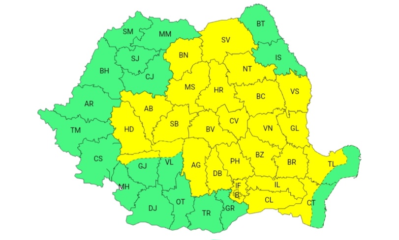 Cod galben de ploi torențiale, astăzi, la Galați