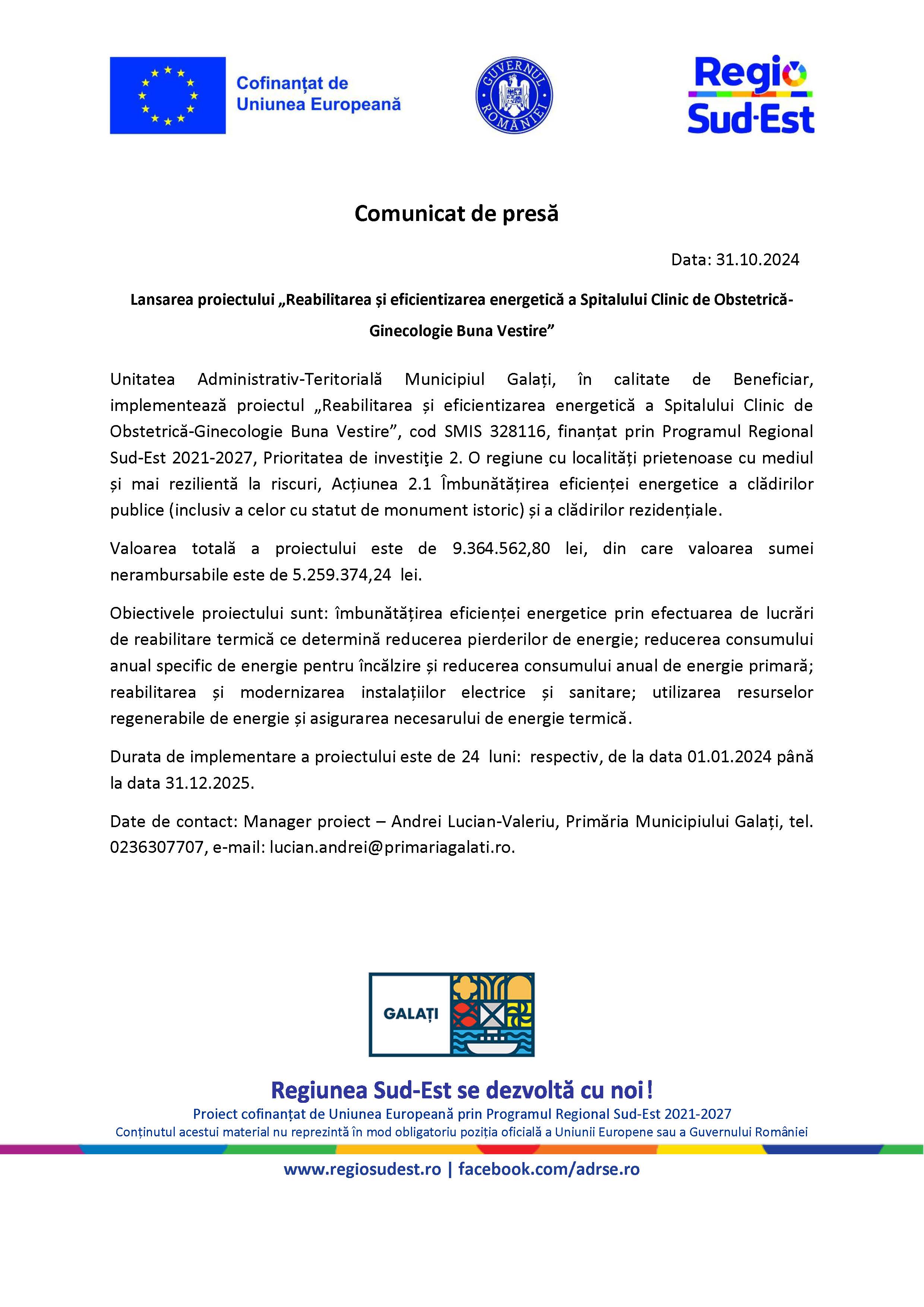 Lansarea proiectului „Reabilitarea și eficientizarea energetică a Spitalului Clinic de Obstetrică-Ginecologie Buna Vestire”