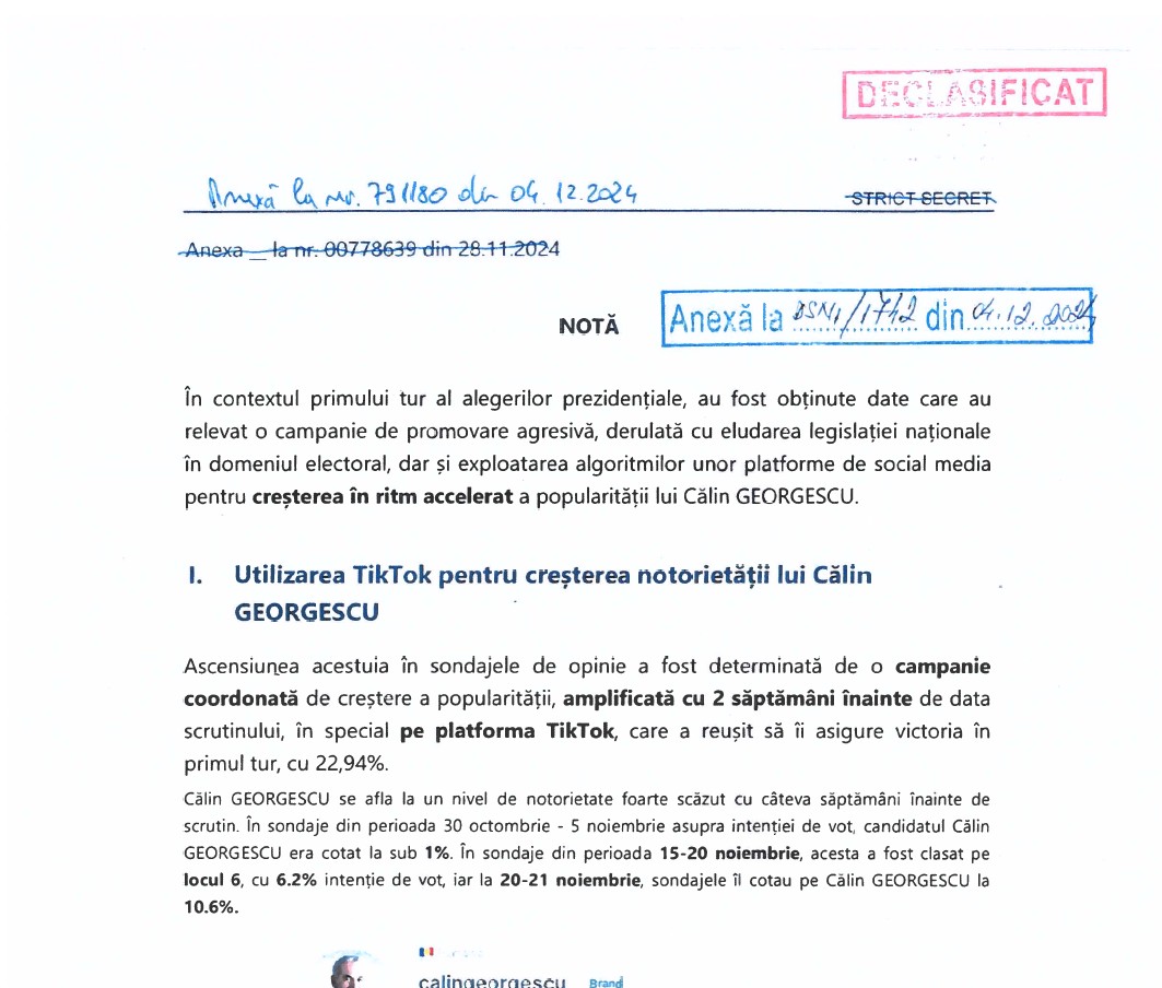 Au fost declasificate documentele despre campania lui Călin Georgescu prezentate în şedinţa CSAT