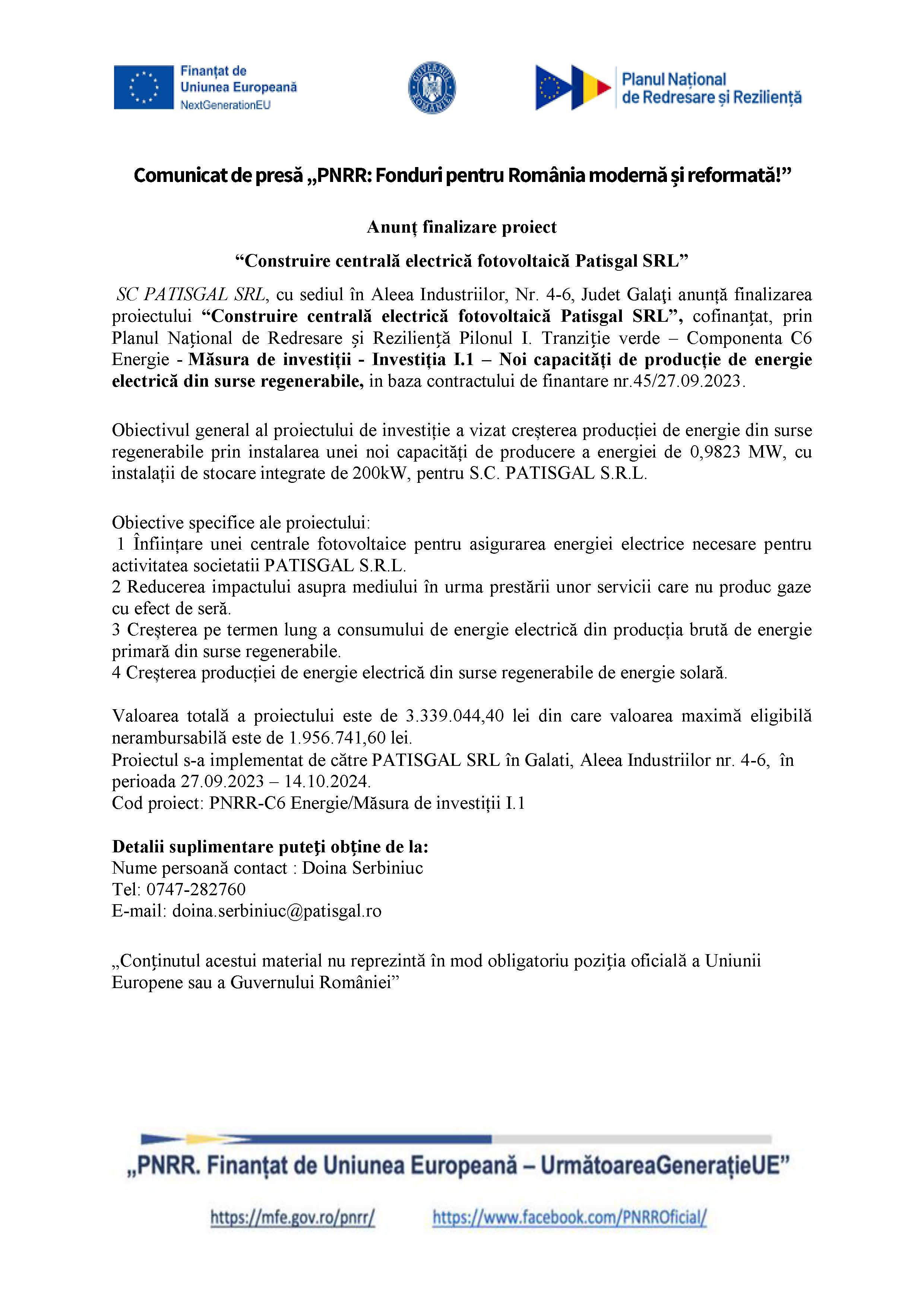 Anunț finalizare proiect “Construire centrală electrică fotovoltaică Patisgal SRL”