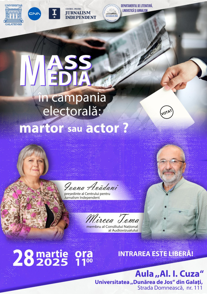 „Mass-media în campania electorală, martor sau actor?”, o conferinţă necesară, la Facultatea de Litere din cadrul UDJG