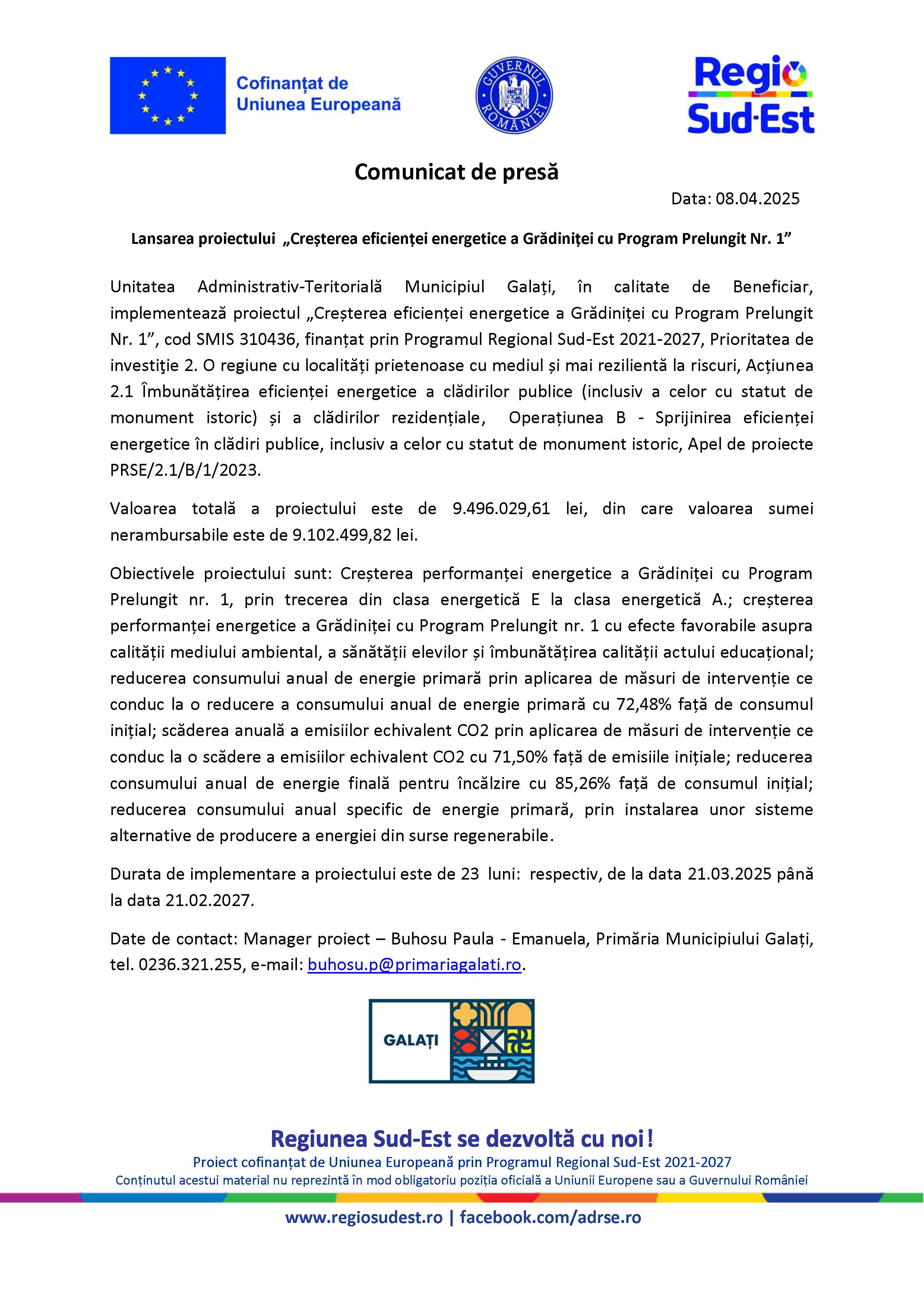 Comunicat de presă Lansarea proiectului „Creșterea eficienței energetice a Grădiniței cu Program Prelungit Nr. 1” Data: 08.04.2025