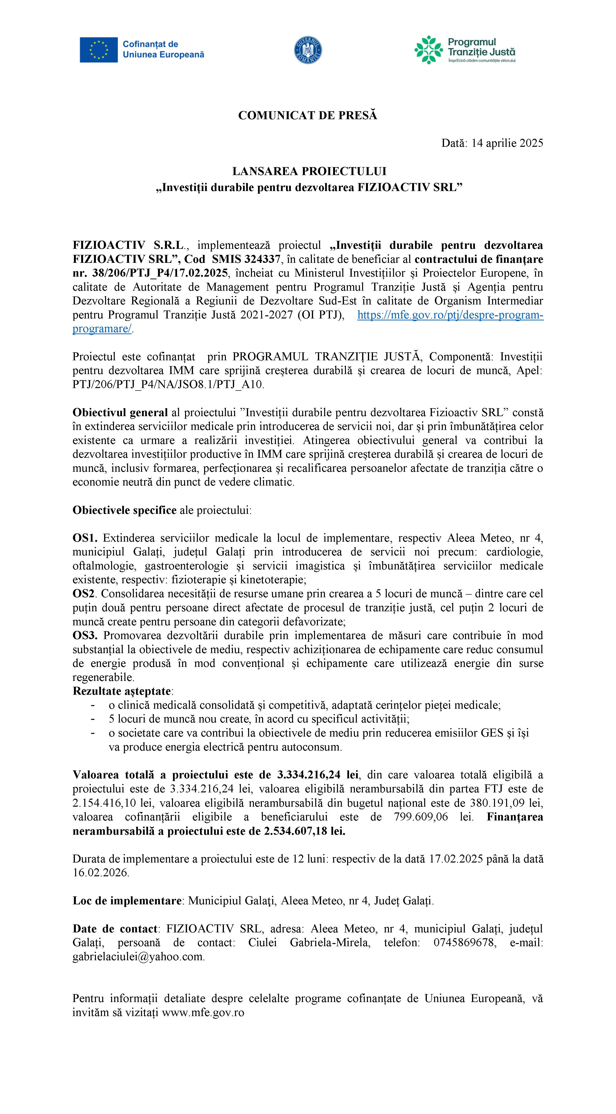 COMUNICAT DE PRESĂ Dată: 14 aprilie 2025