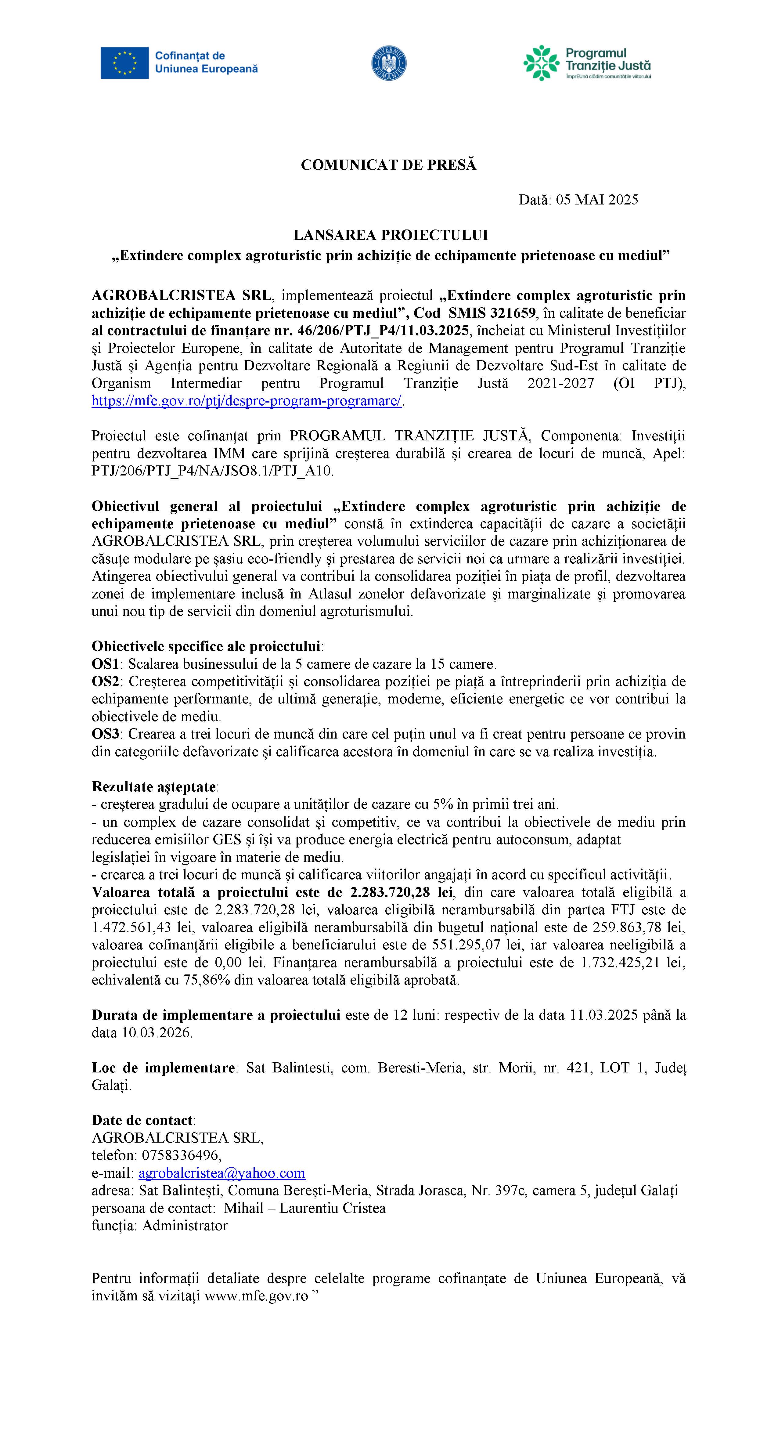 COMUNICAT DE PRESĂ Data: 05 MAI 2025