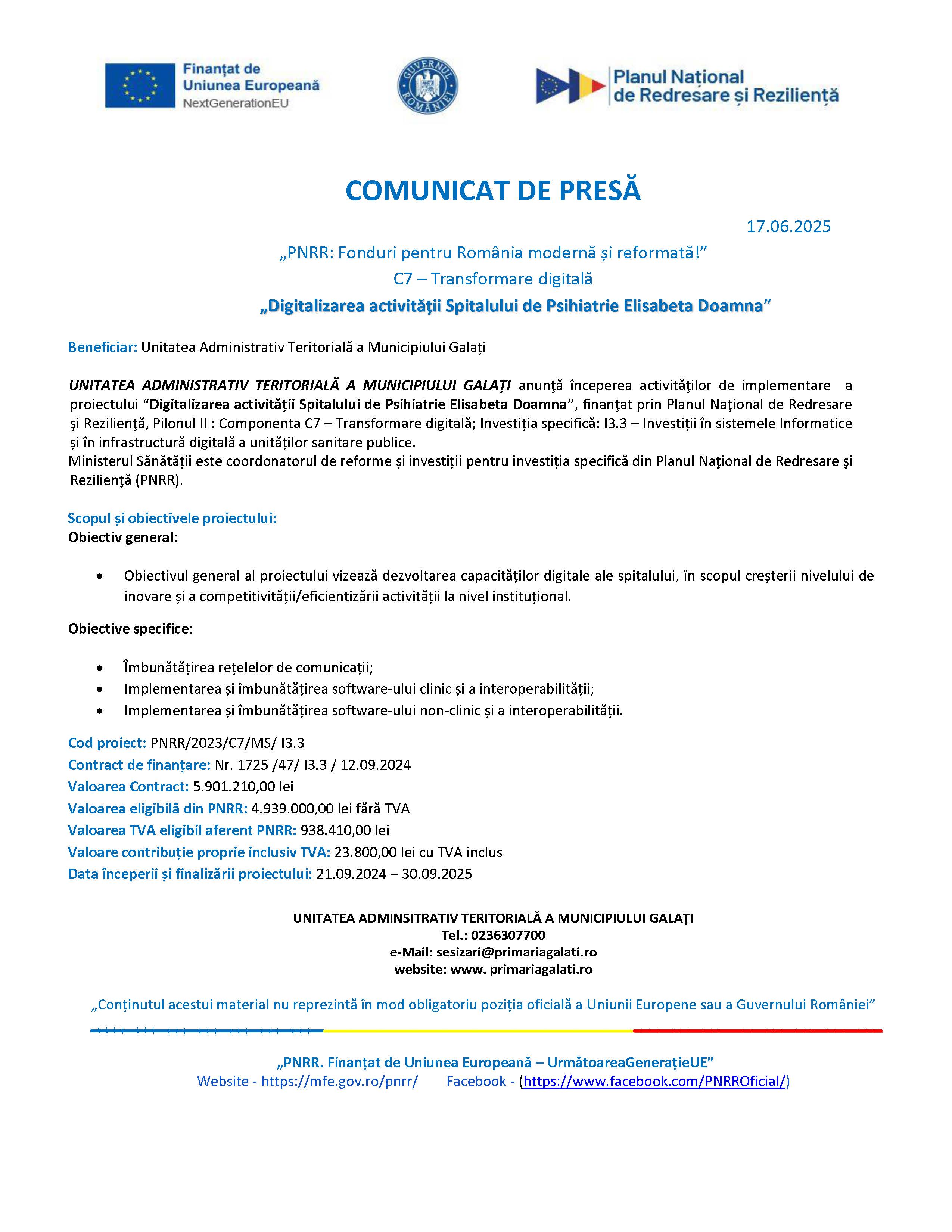 COMUNICAT DE PRESĂ „Digitalizarea activității Spitalului de Psihiatrie Elisabeta Doamna” 17.06.2025