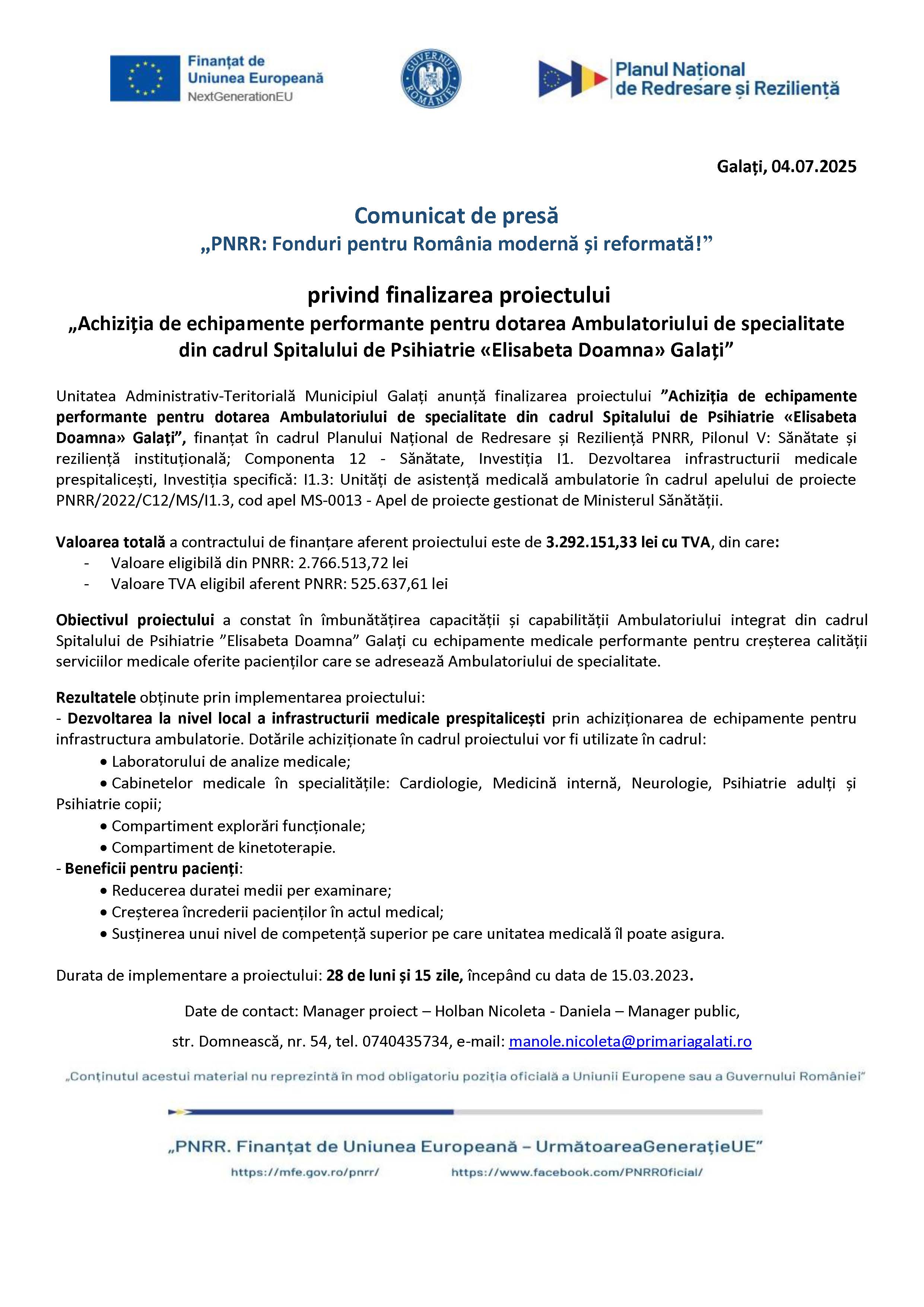 Comunicat de presă privind finalizarea proiectului „Achiziția de echipamente performante pentru dotarea Ambulatoriului de specialitate din cadrul Spitalului de Psihiatrie «Elisabeta Doamna» Galați” 04.07.2025