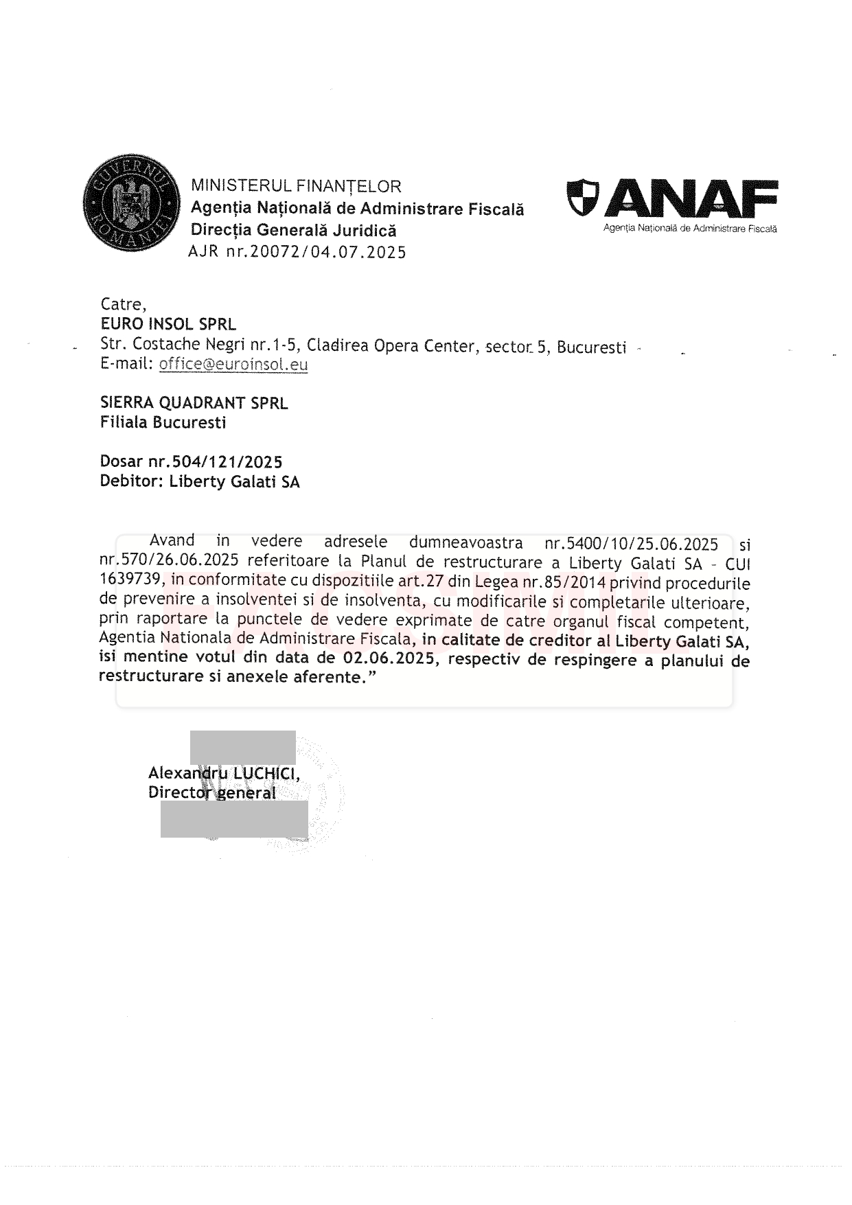 ANAF respinge categoric planul de redresare al Liberty Galaţi. Falimentul este la mâna judecătorilor