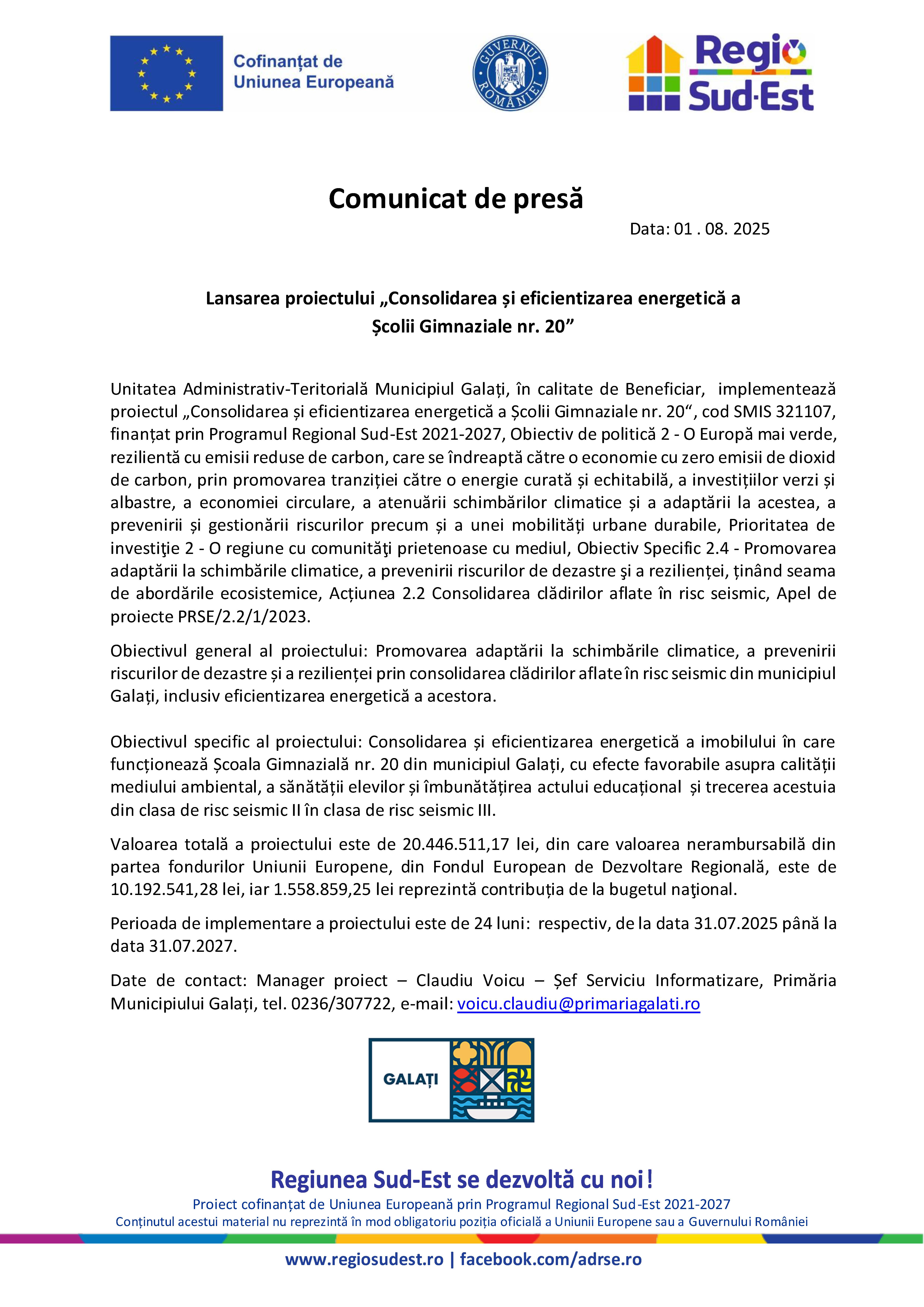 Lansarea proiectului „Consolidarea și eficientizarea energetică a  Școlii Gimnaziale nr. 20” - 03.09.2025 (3)