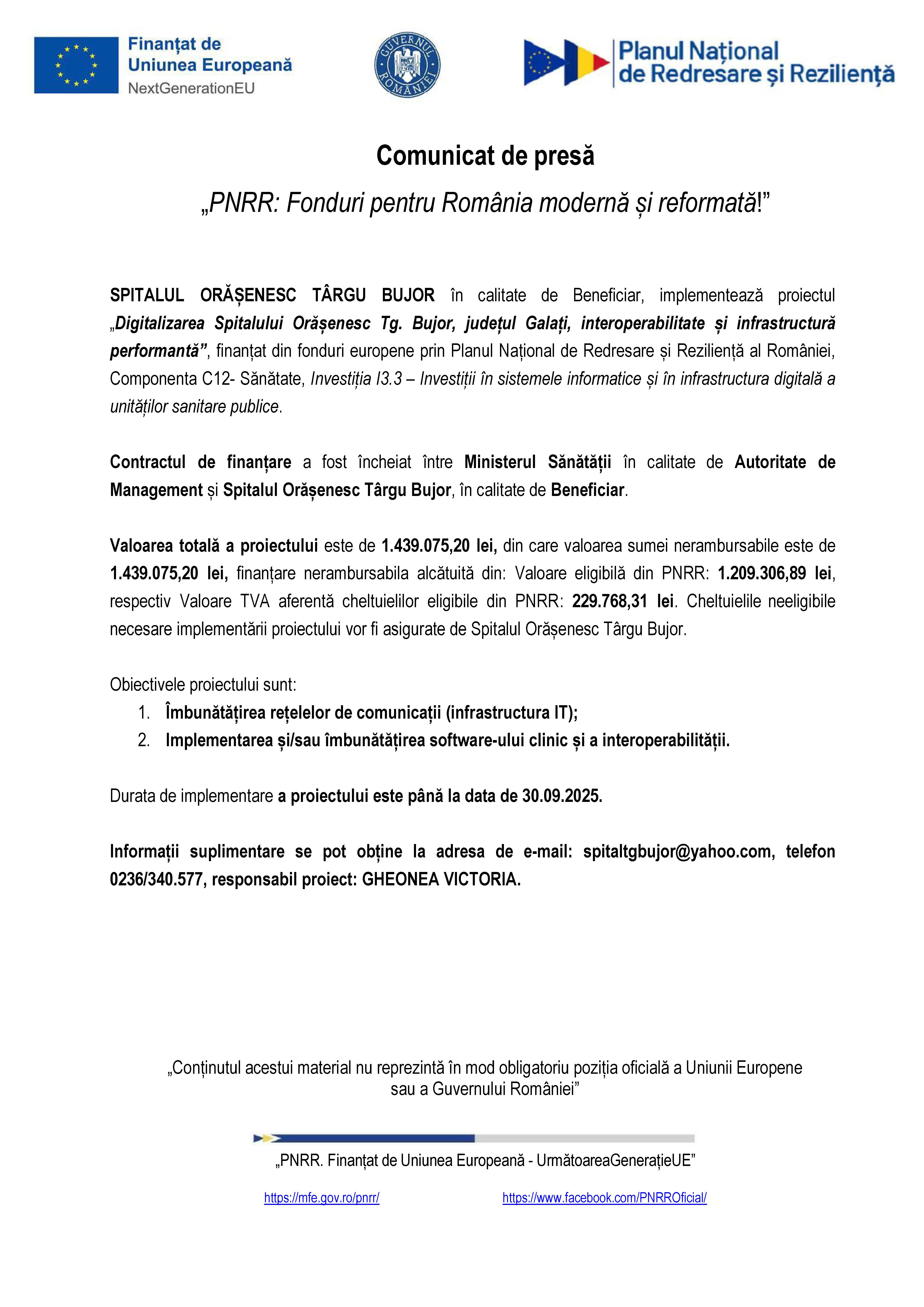SPITALUL ORĂȘENESC TÂRGU BUJOR: Comunicat de presă „PNRR: Fonduri pentru România modernă și reformată!” 
